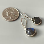 Handmade Labradorite Dangle Earrings minimalist gemstone drop earrings in sterling silver by quarter for scale