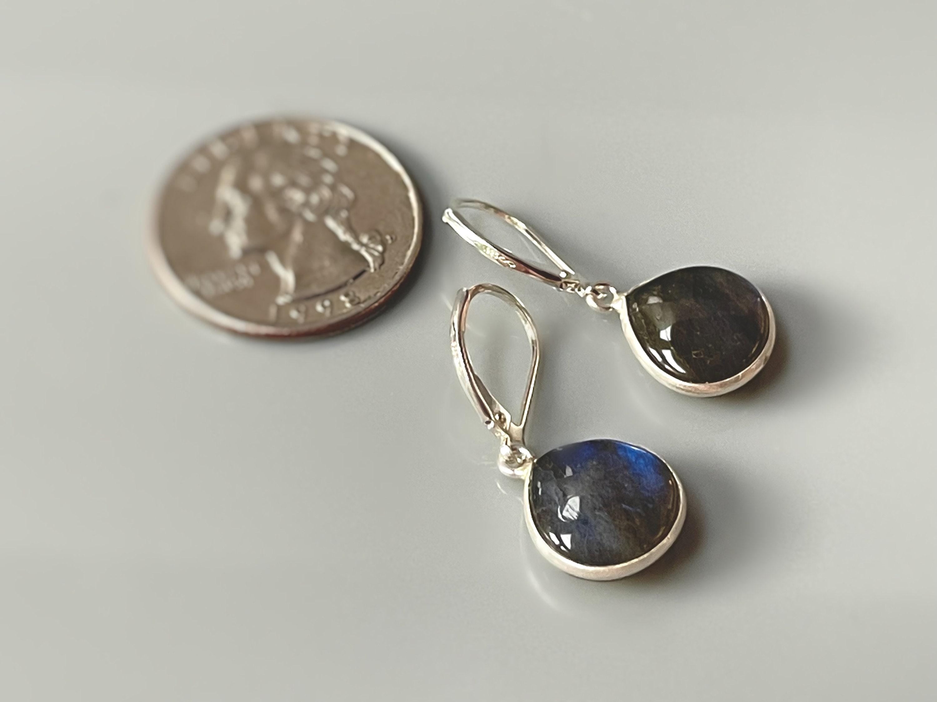 Handmade Labradorite Dangle Earrings minimalist gemstone drop earrings in sterling silver by quarter for scale