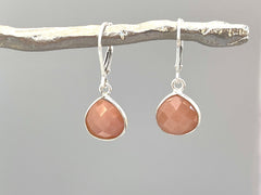 Peach Moonstone Earrings Dangle Sterling Silver Teardrop Leverback Minimalist dangly Drop earrings Handmade Moonstone Jewelry gift for wife