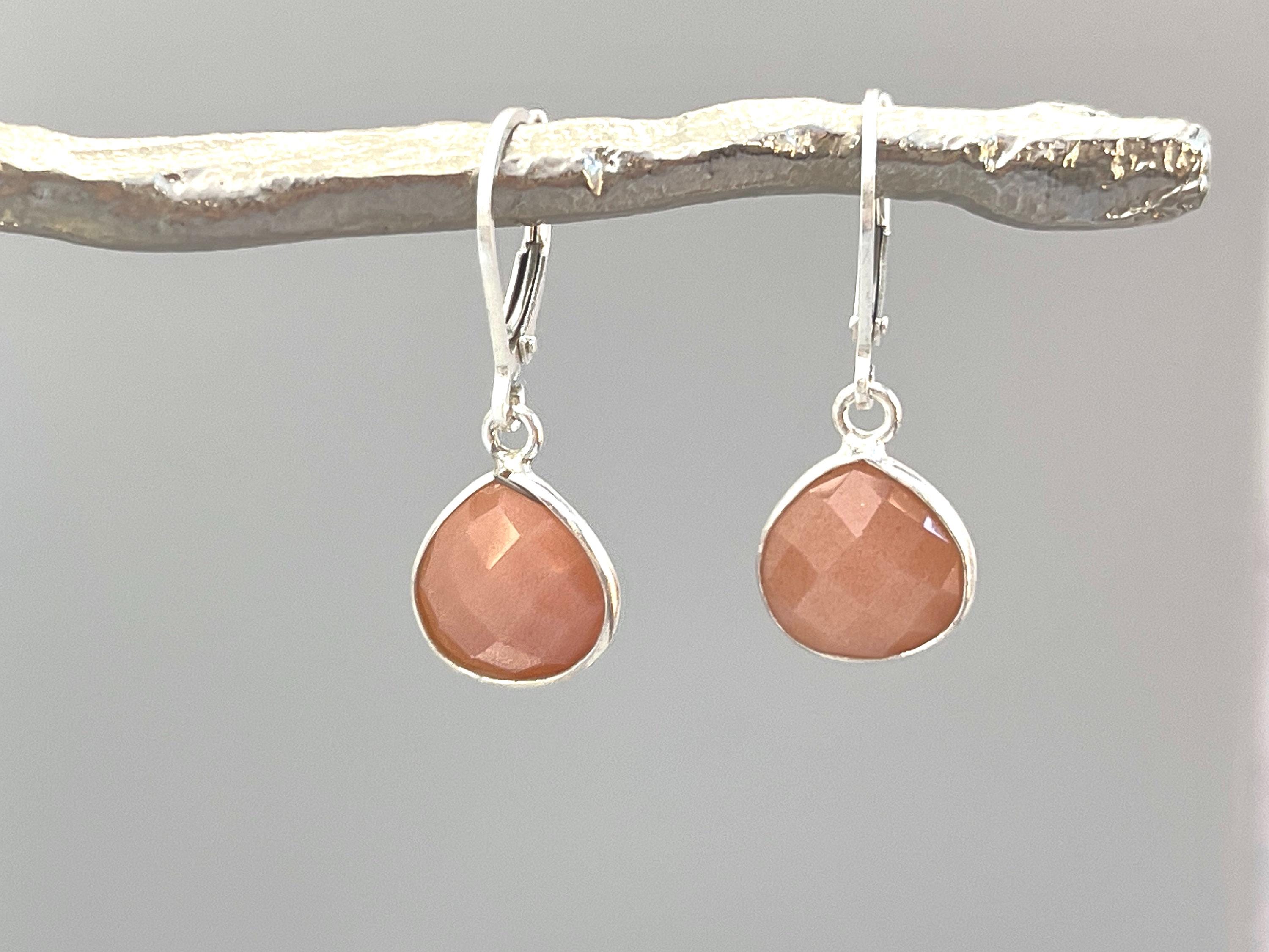 Peach Moonstone Earrings Dangle Sterling Silver Teardrop Leverback Minimalist dangly Drop earrings Handmade Moonstone Jewelry gift for wife