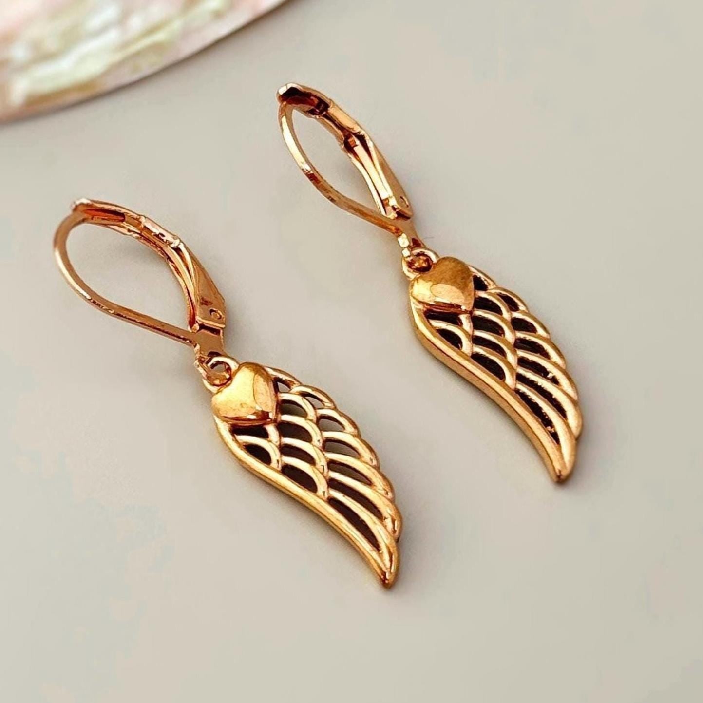 Rose Gold Heart Earrings dangle drop boho angel wing handmade gold heart jewelry romantic gift for wife, girlfriend, mom, sister, daughter