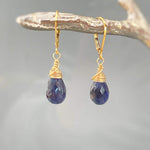 Iolite Earrings Dangle 14k Gold, Sterling Silver Leverback Water Sapphire Jewelry