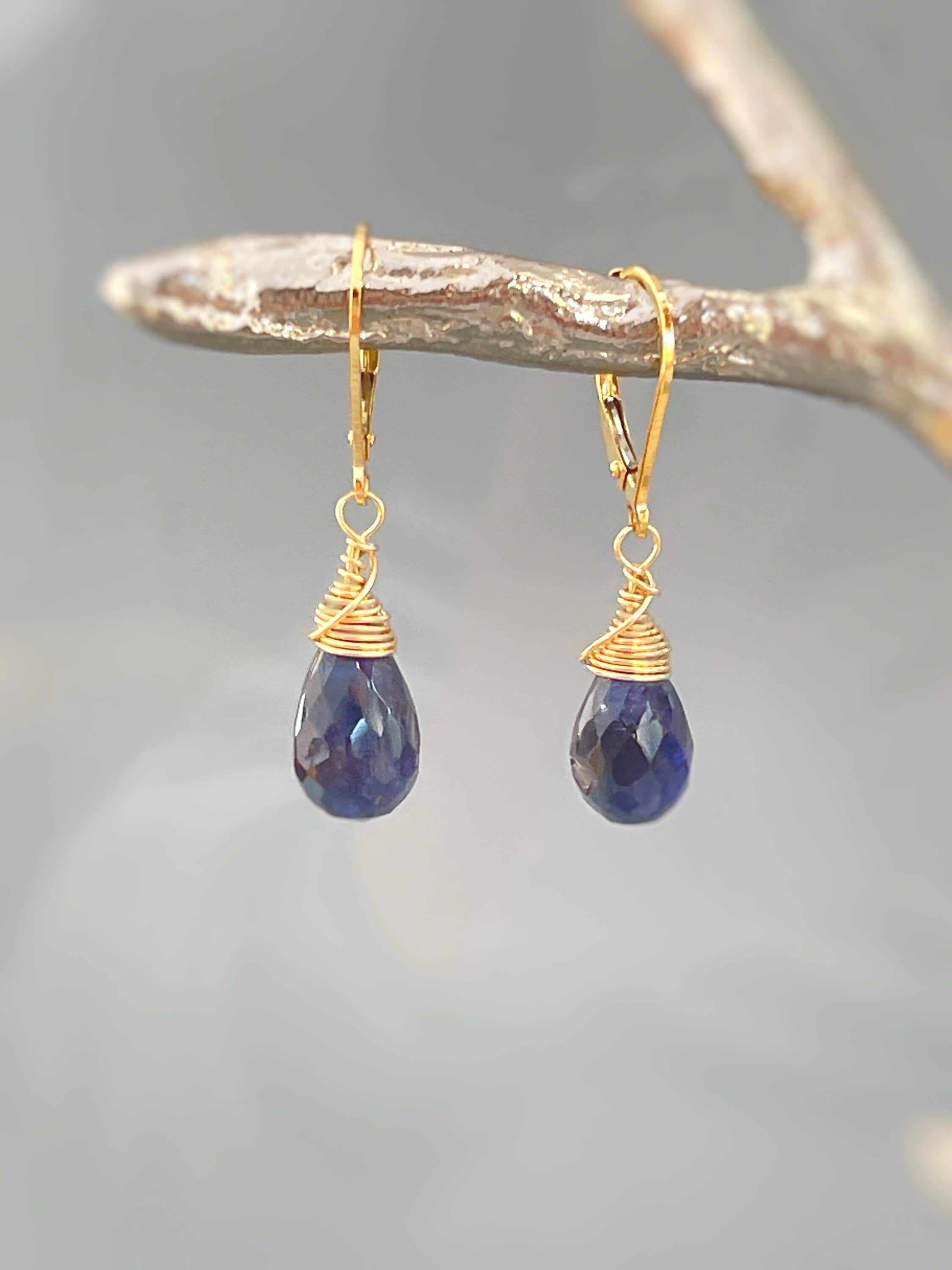 Iolite Earrings Dangle 14k Gold, Sterling Silver Leverback Water Sapphire Jewelry