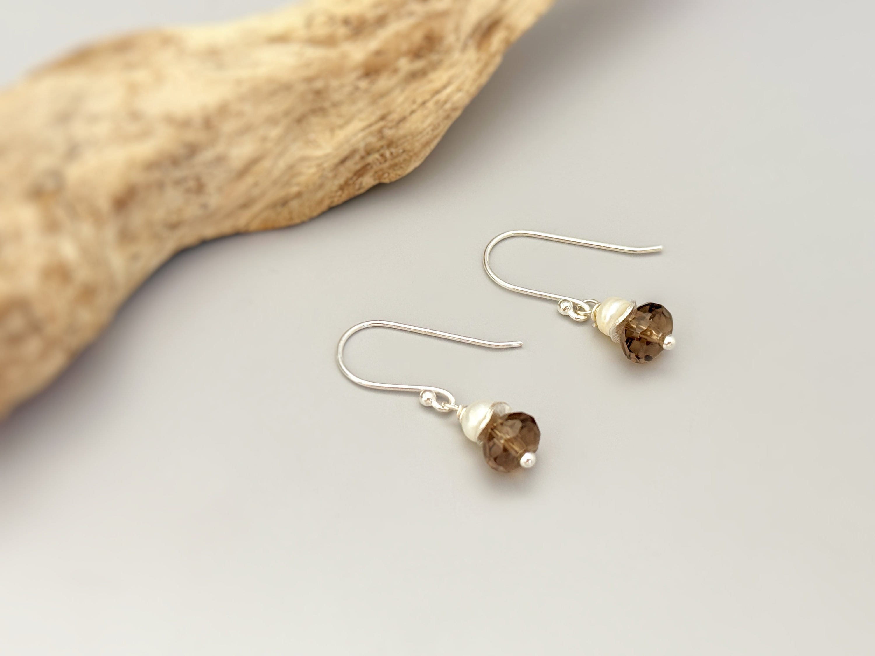 dainty smoky quartz and freshwater pearl drop earrings
