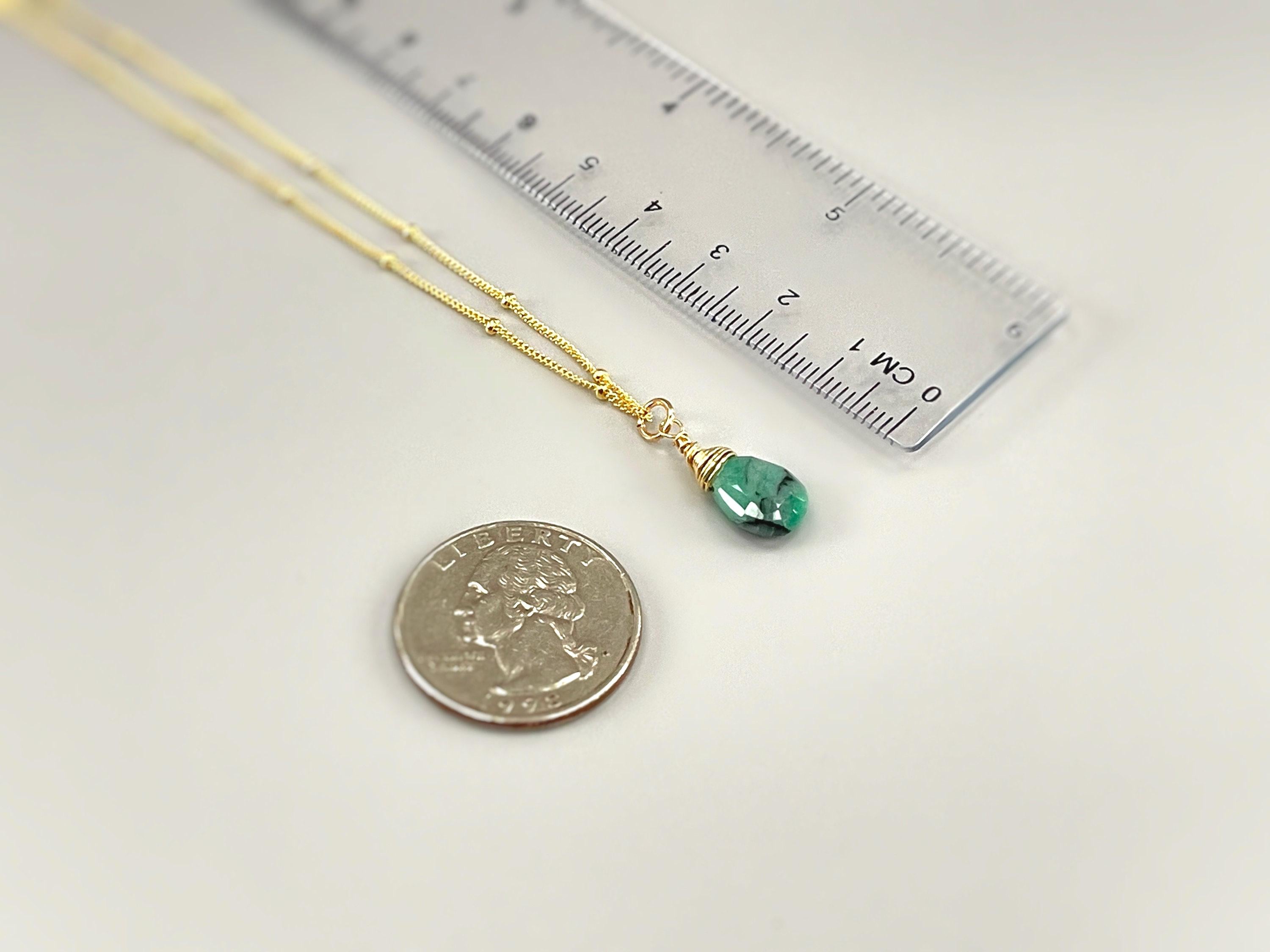 Dainty Emerald Necklace 14k gold Rose Gold, Sterling Silver Handmade Jewelry for women, mom gift green gemstone layering pendant choker by ruler for scale