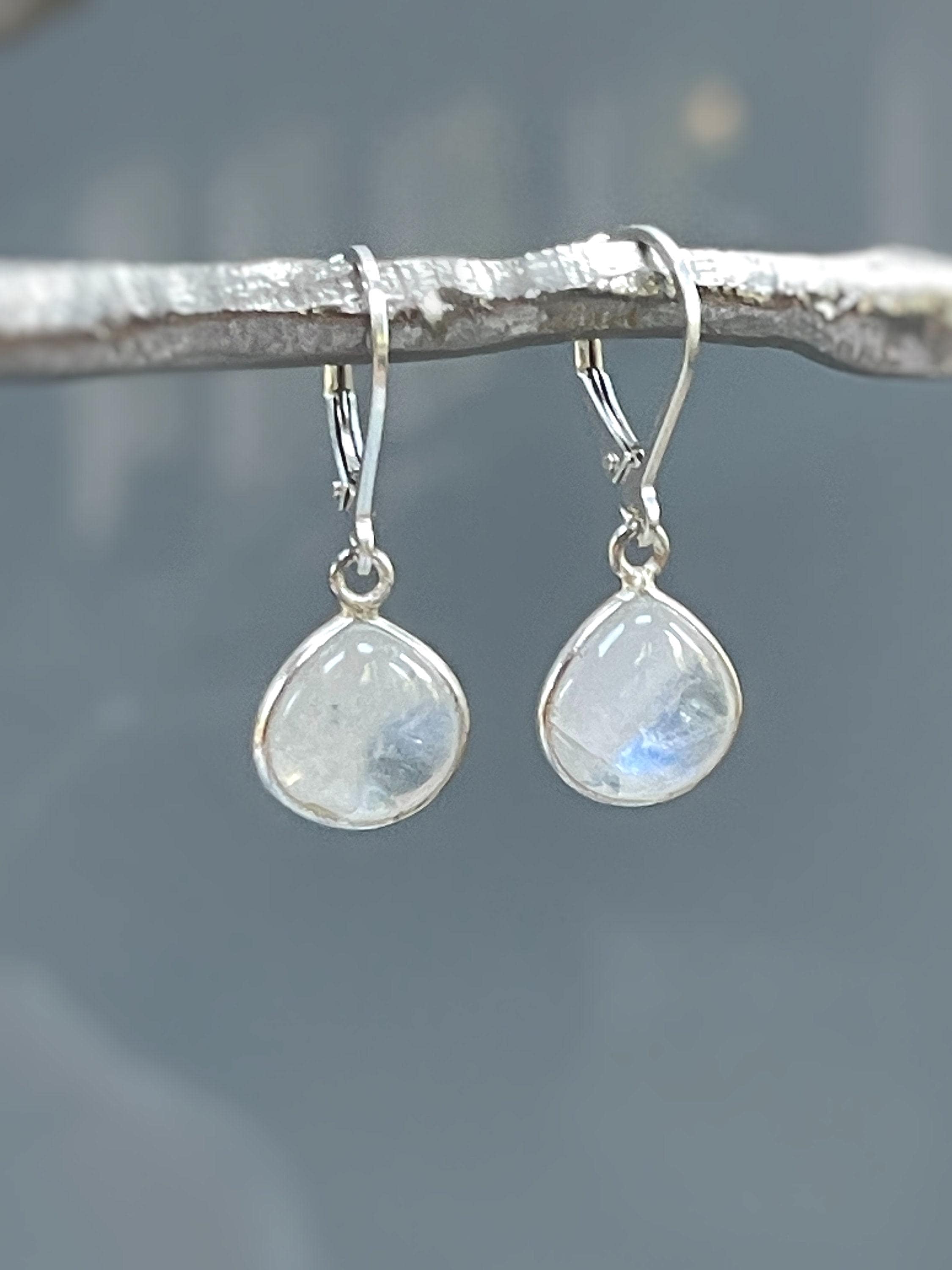 Moonstone Earrings Dangle Sterling Silver Teardrop Leverback Drop Minimalist dangly earrings Handmade Moonstone Jewelry gift for wife