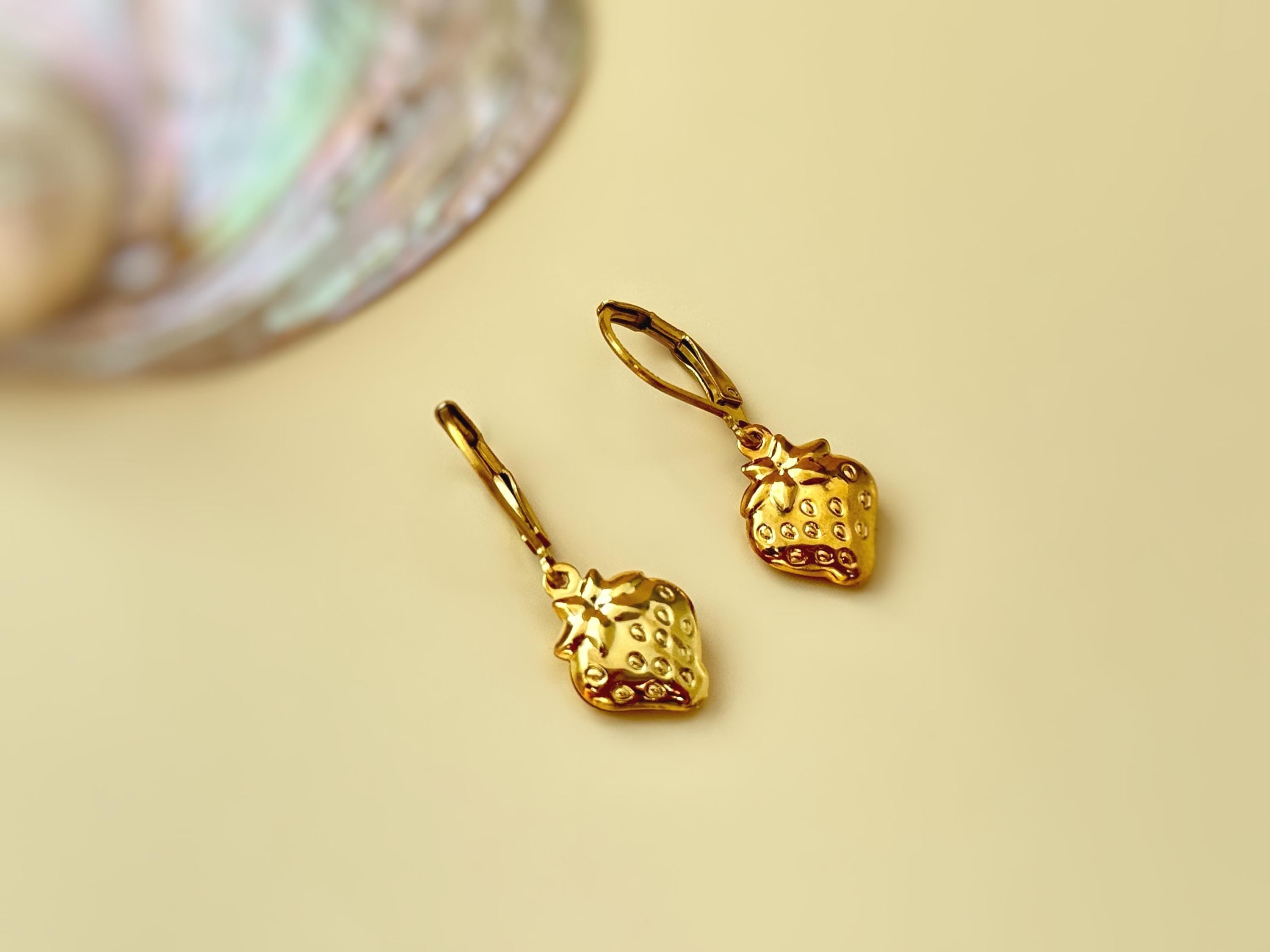 Gold Strawberry Earrings Dangle lightweight unique whimsical handmade food fruit jewelry, fun gift for foodie, chefs, sister, bff, daughter