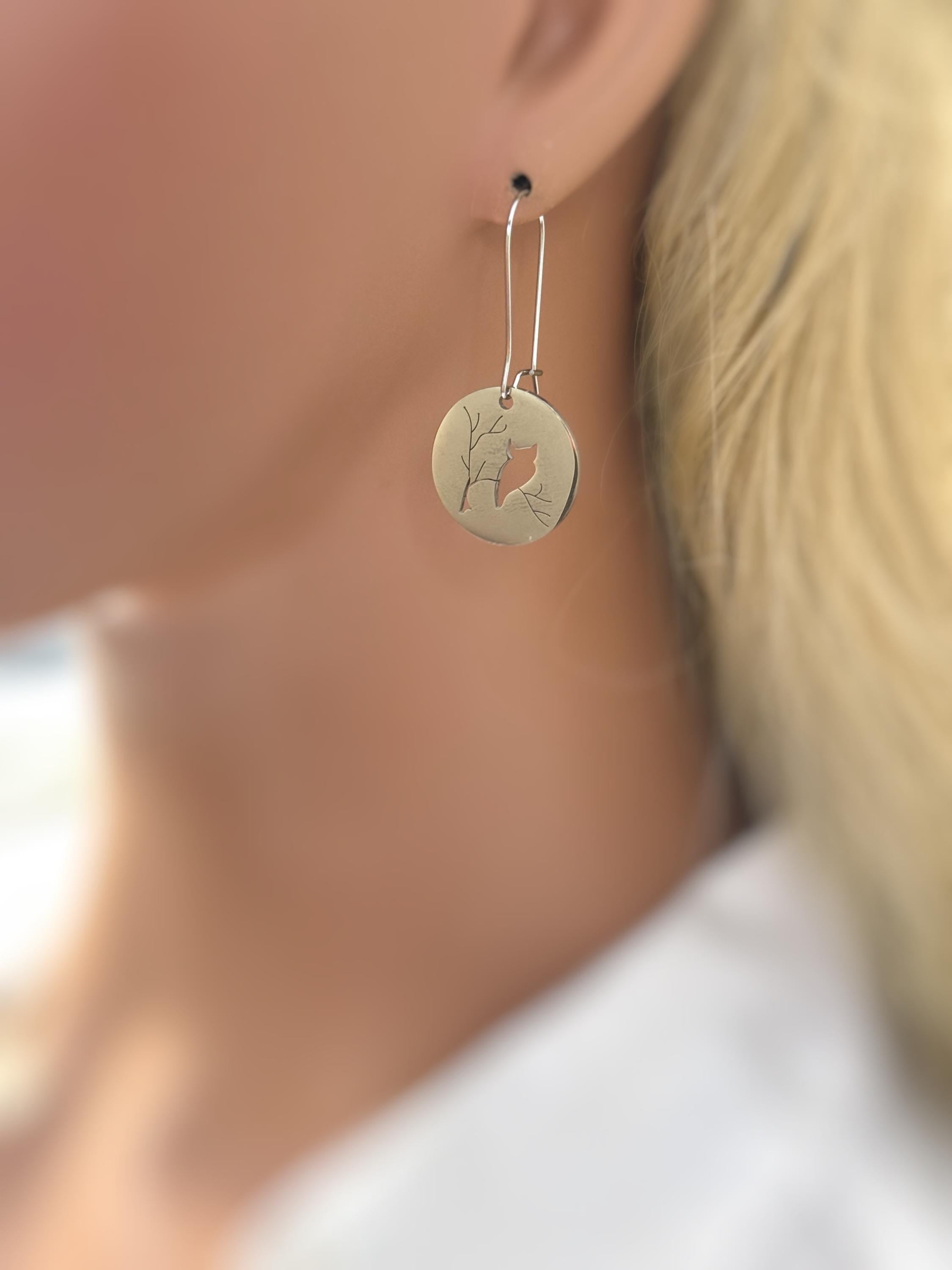 Owl Earrings dangle silver handmade witchy jewelry unique dangling spooky gothic earrings gift for nature and bird lovers, mom, sister, bff