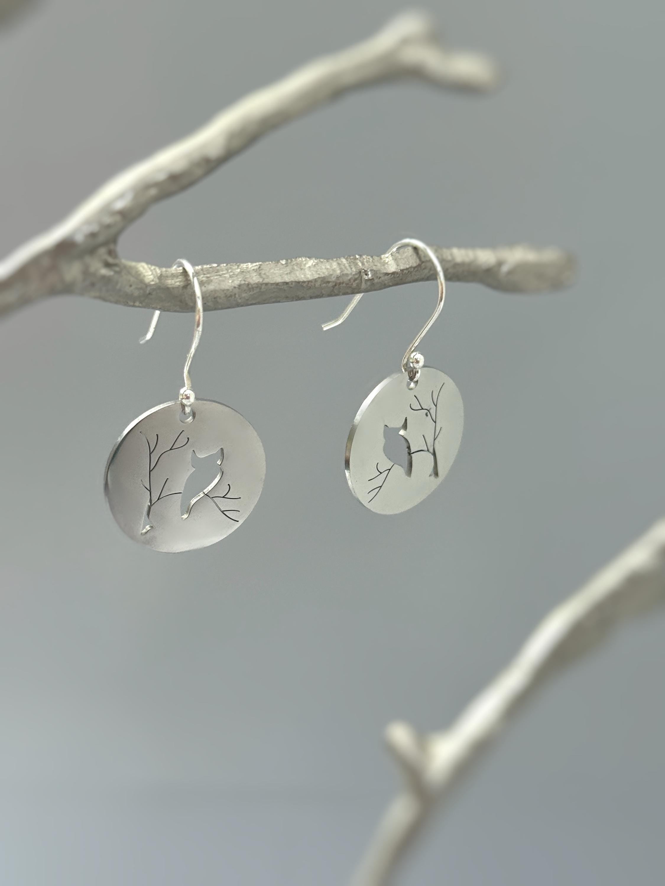 Owl Earrings dangle silver handmade witchy jewelry unique dangling spooky gothic earrings gift for nature and bird lovers, mom, sister, bff