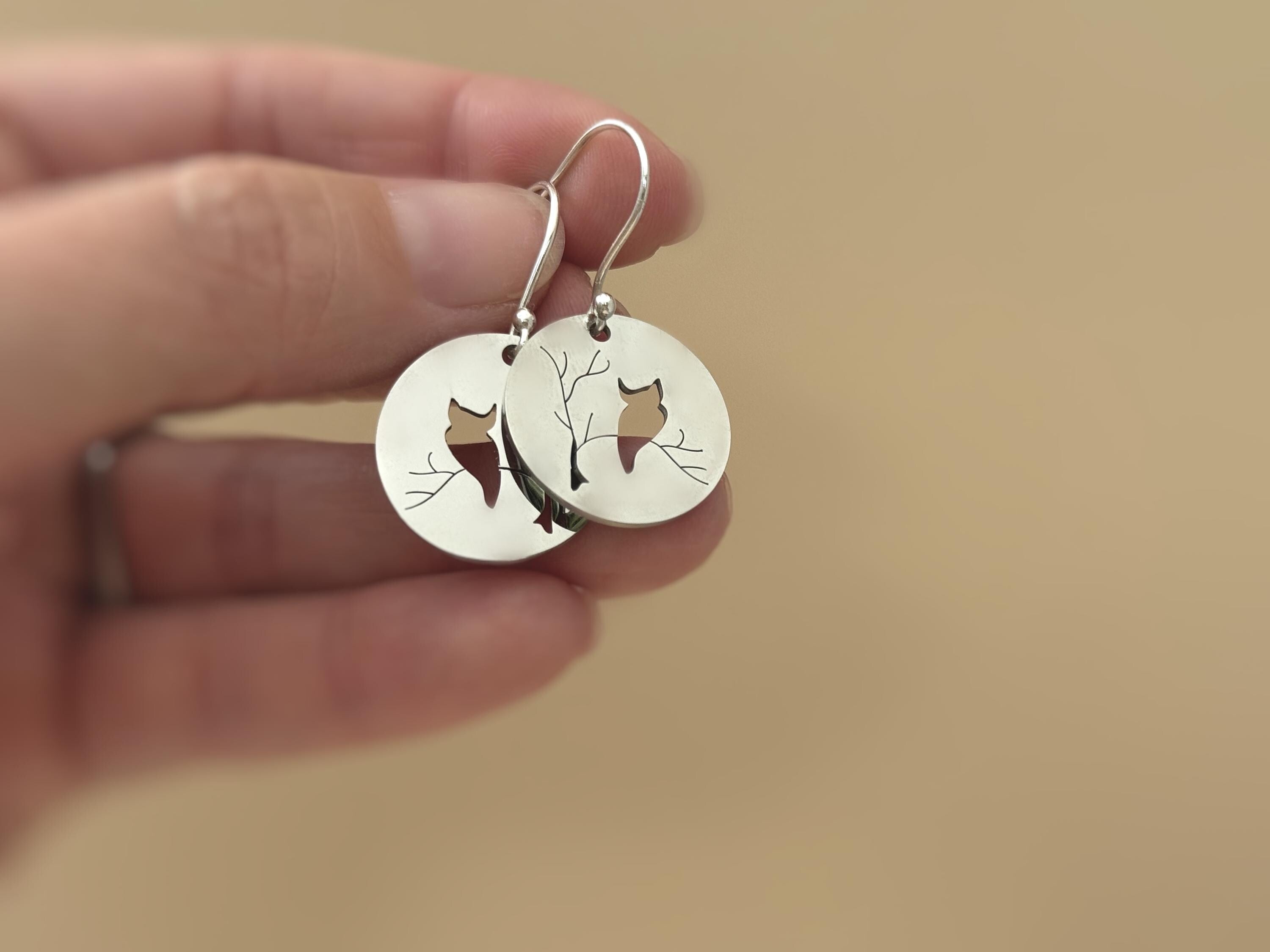 Owl Earrings dangle silver handmade witchy jewelry unique dangling spooky gothic earrings gift for nature and bird lovers, mom, sister, bff