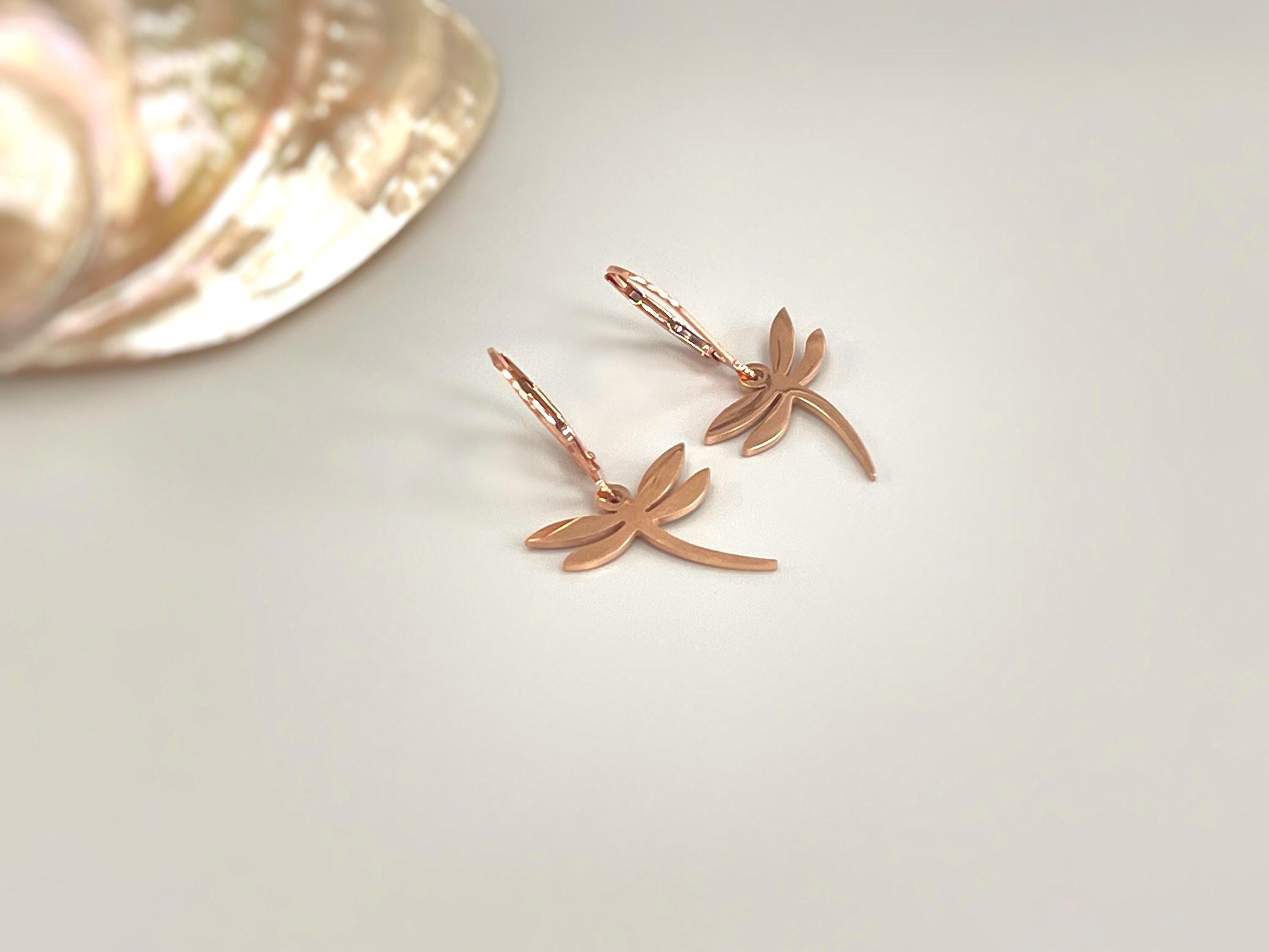 Dragonfly Earrings dangle Gold, Silver, Rose Gold