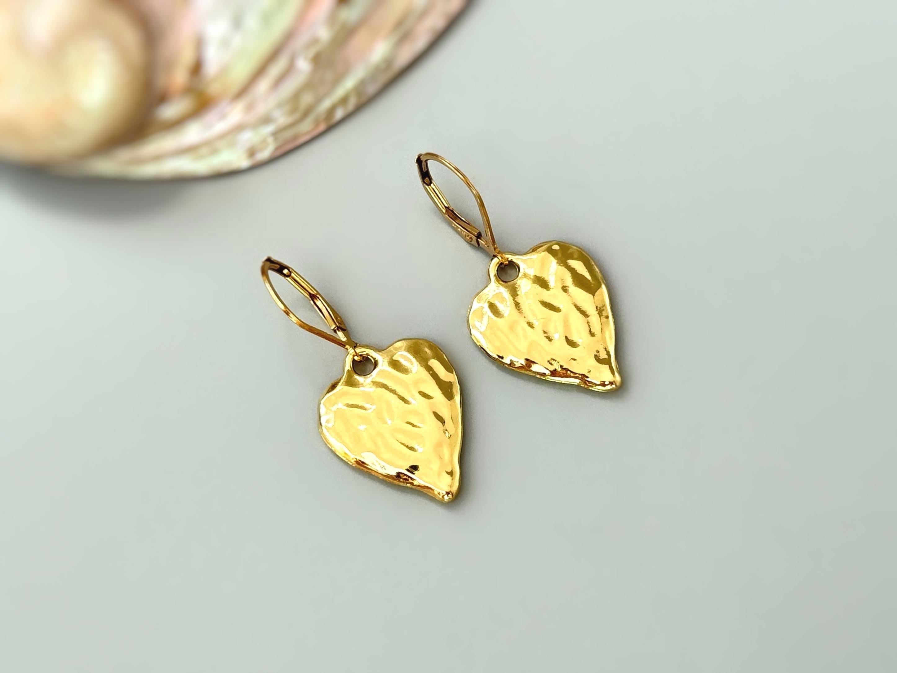 Gold Heart Earrings dangle sparkly boho handmade leverback heart jewelry romantic anniversary valentines gift for wife, girlfriend, mom