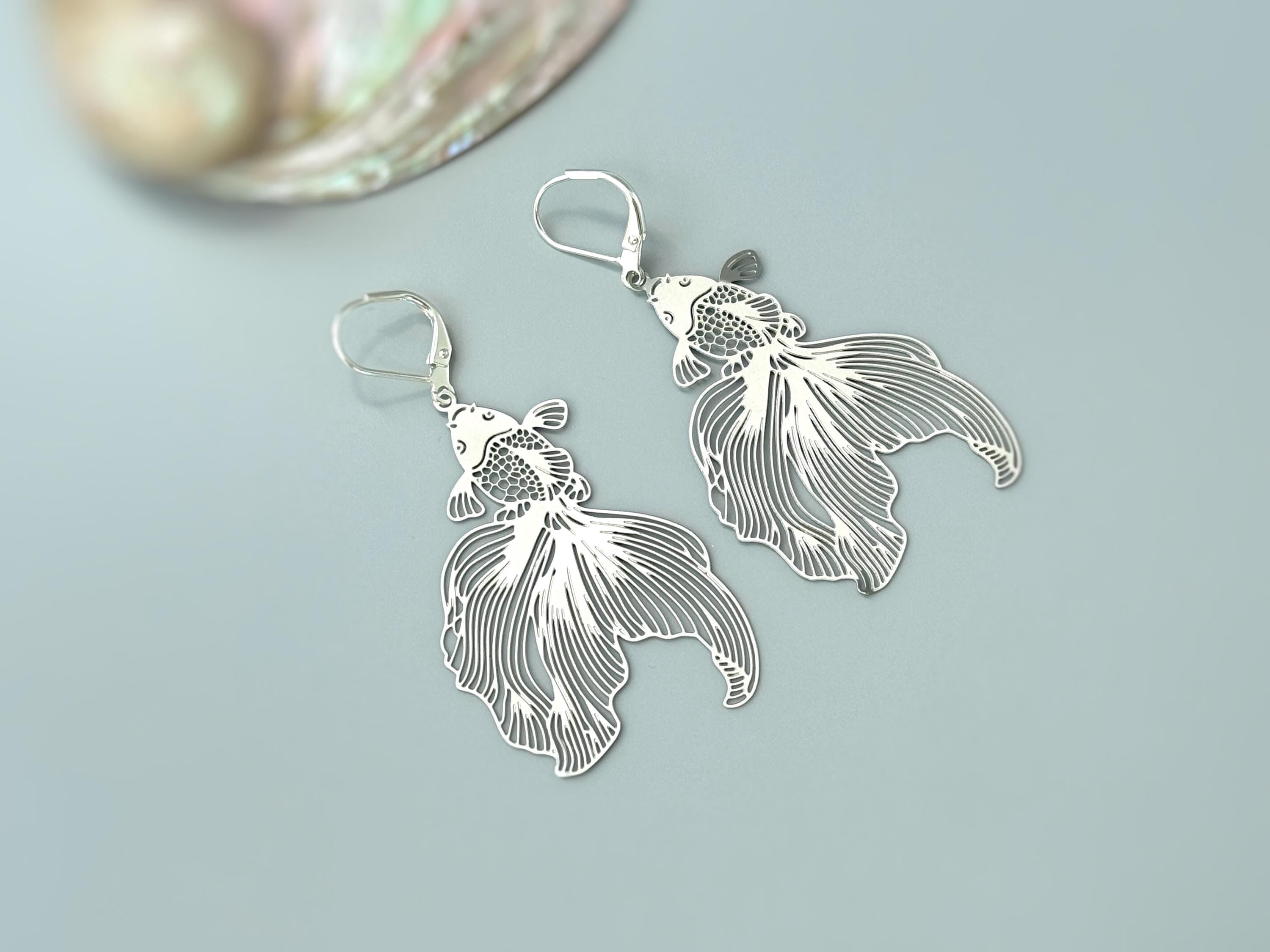 Silver Fish Earrings Dangle lightweight large statement chandelier earrings big unique whimsical handmade jewelry, fun gift for sister bff