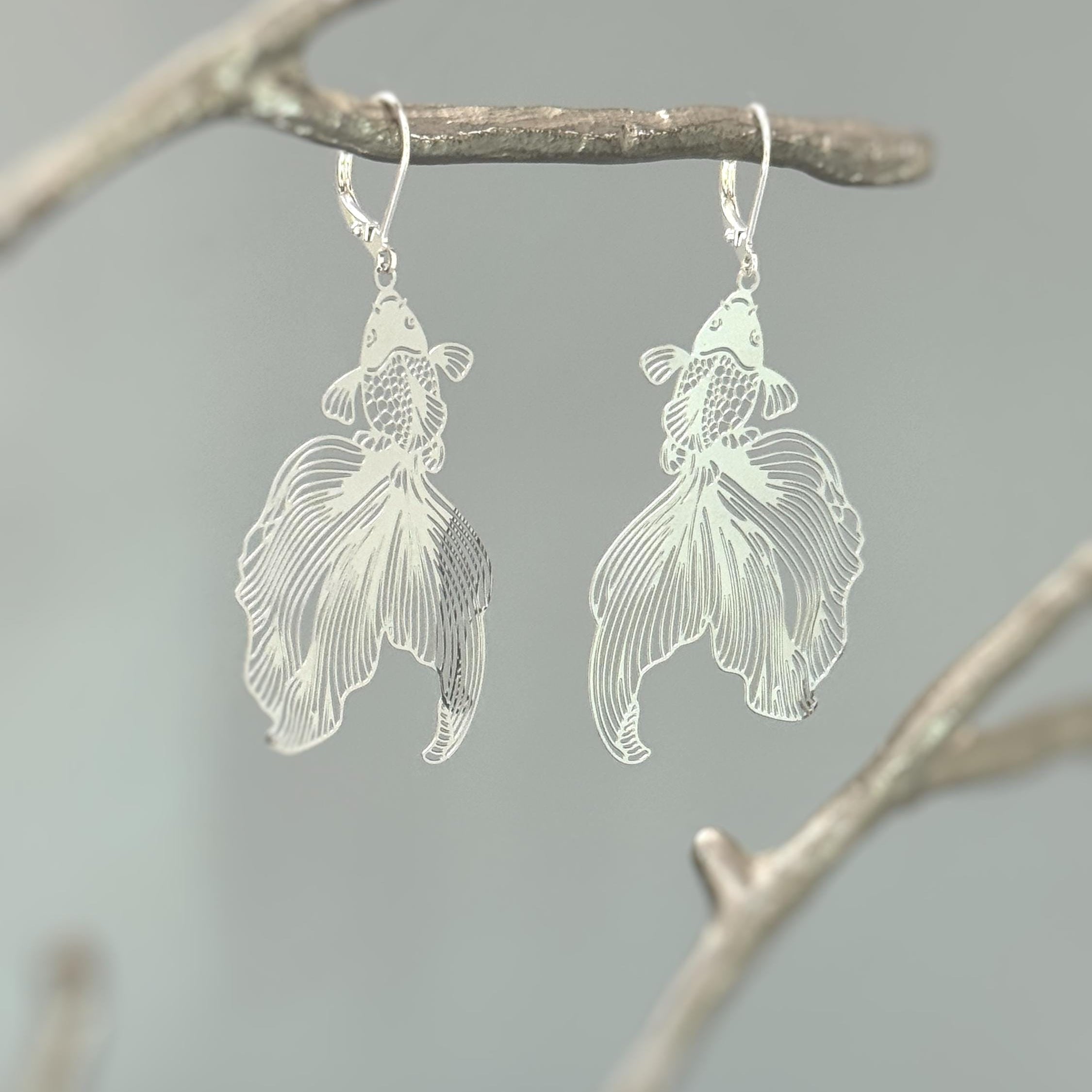 Silver Fish Earrings Dangle lightweight large statement chandelier earrings big unique whimsical handmade jewelry, fun gift for sister bff