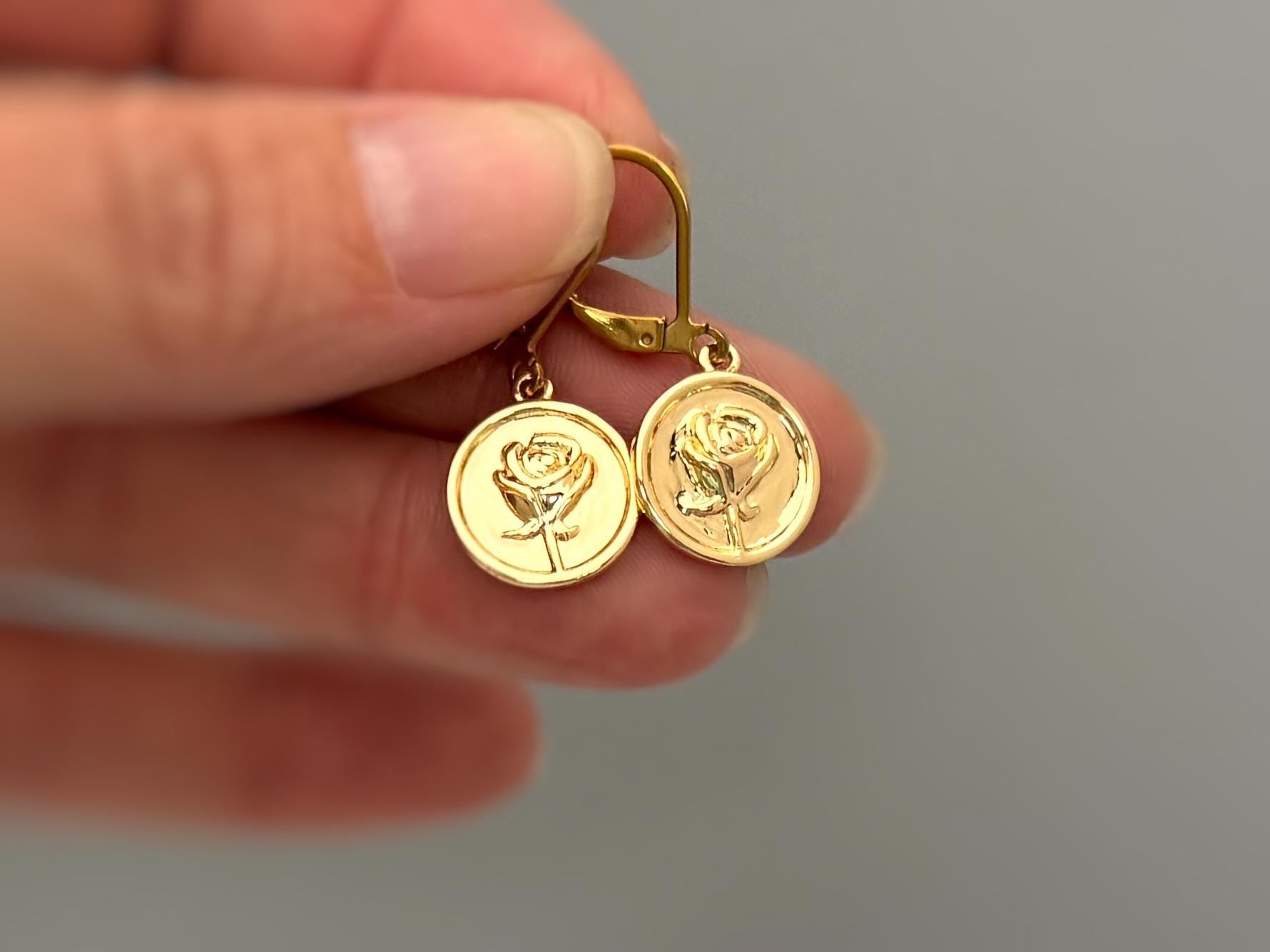 Gold Rose Earrings Dangle June birthflower jewelry