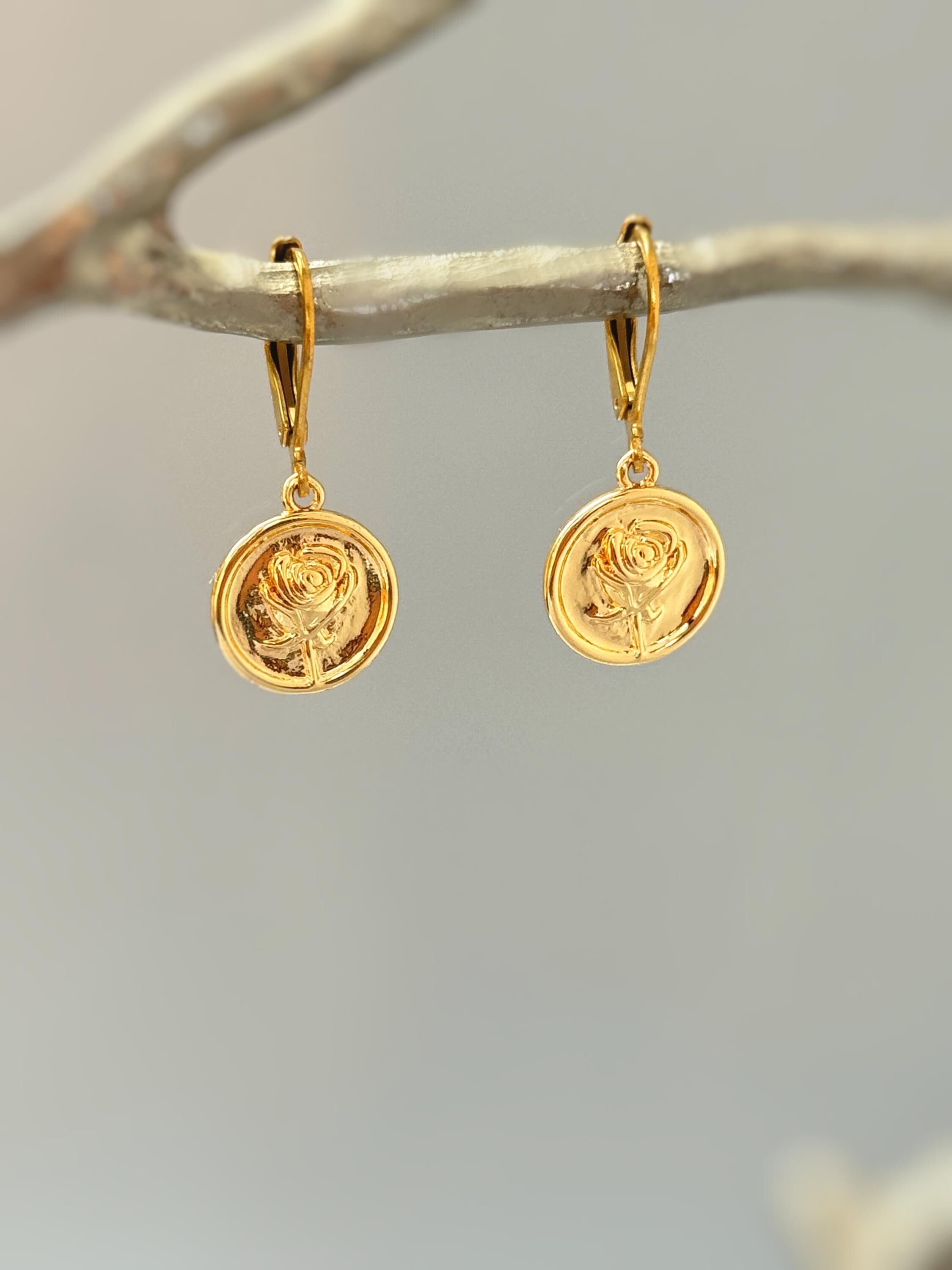 Gold Rose Earrings Dangle June birthflower jewelry