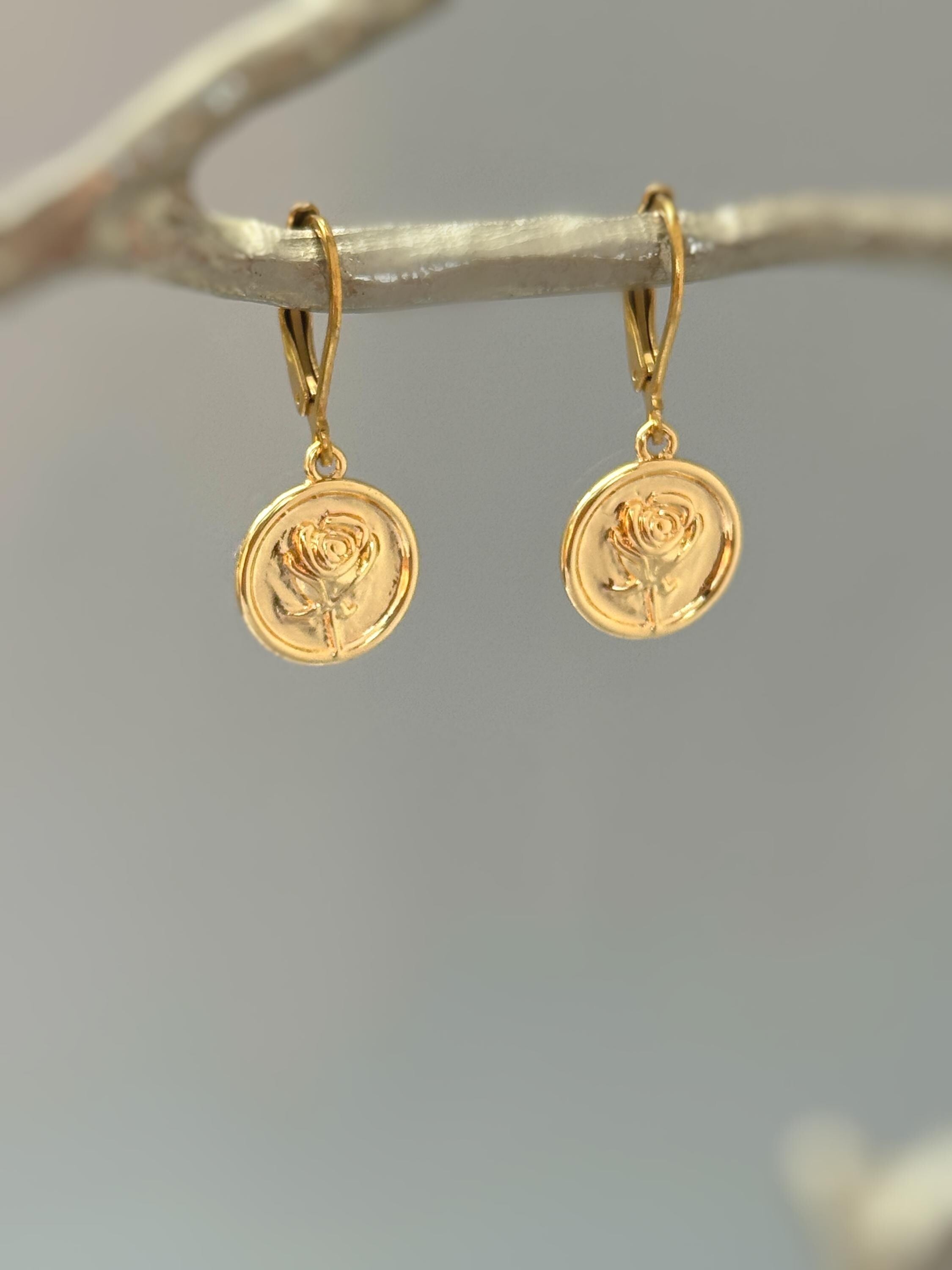 Gold Rose Earrings Dangle handmade June birthflower jewelry, romantic elegant gift for girlfriend, wife, sister, mom best friend anniversary