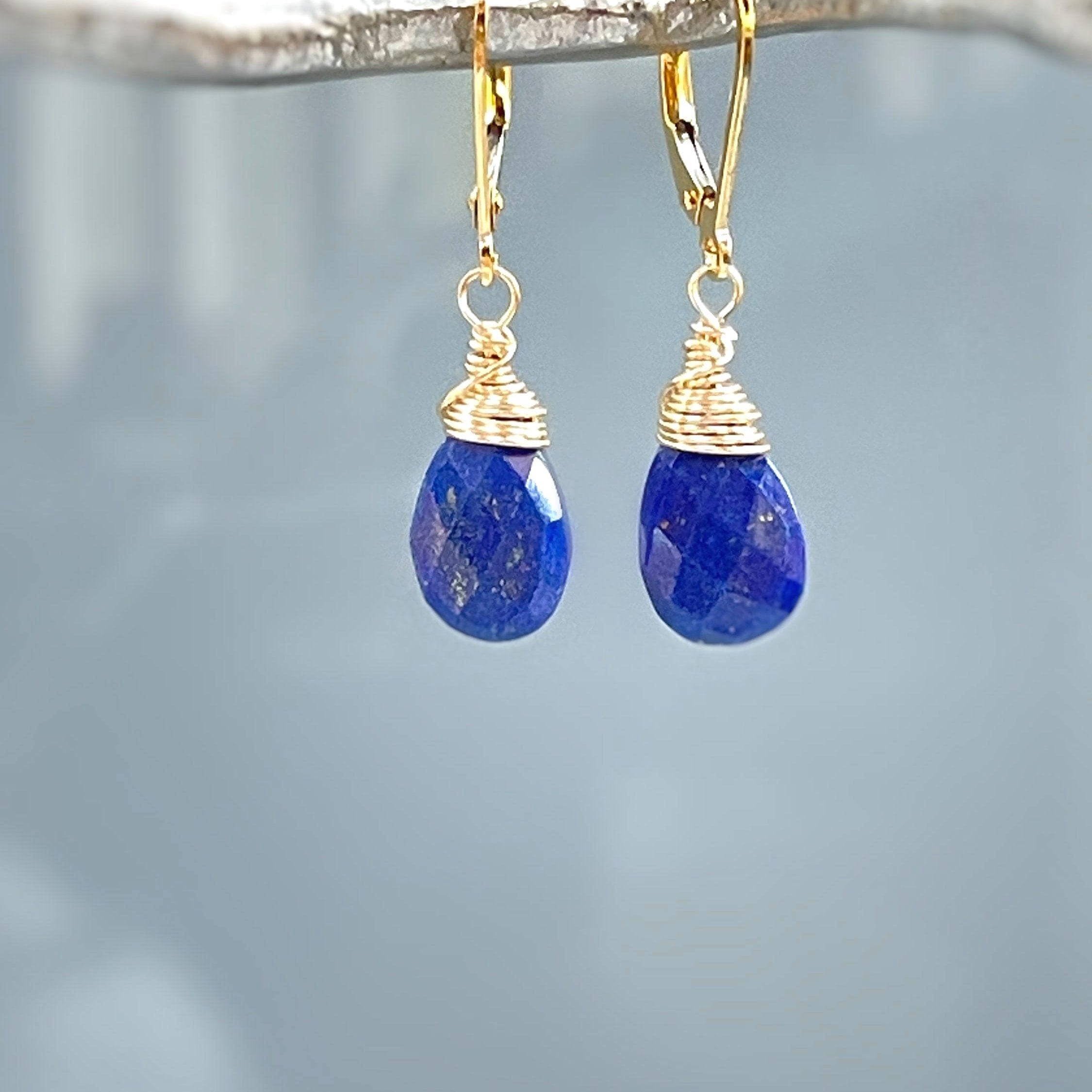 Lapis Lazuli Earrings Dangle, 14k Gold, Silver Teardrop Blue Gemstone Dangly Drop Earrings Everyday Minimalist Dainty Handmade Lapis Jewelry