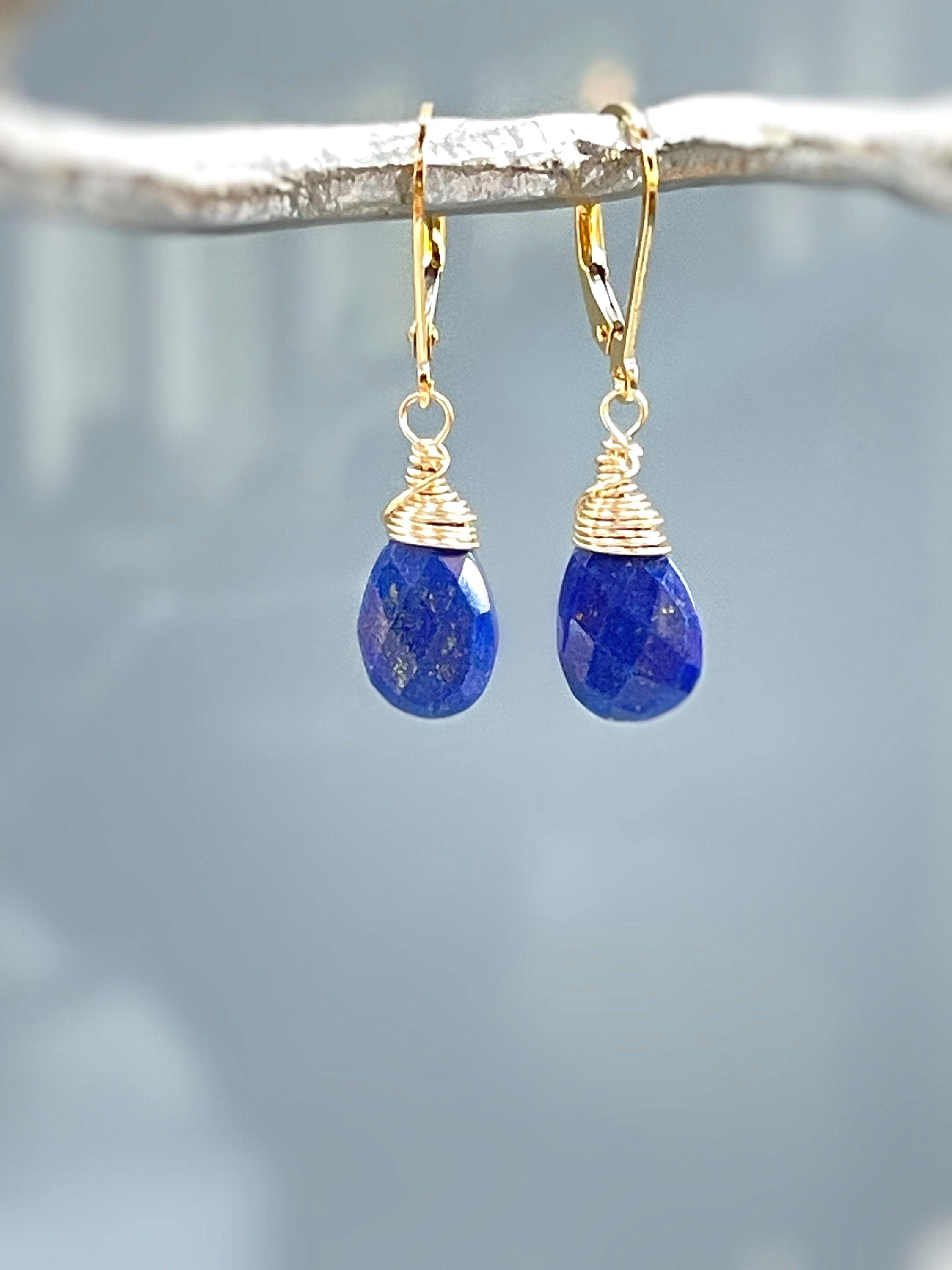 Lapis Lazuli Earrings Dangle, 14k Gold, Silver Teardrop Blue Gemstone Dangly Drop Earrings Everyday Minimalist Dainty Handmade Lapis Jewelry