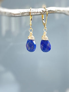Lapis Lazuli Earrings Dangle, 14k Gold, Silver Teardrop Blue Gemstone Dangly Drop Earrings Everyday Minimalist Dainty Handmade Lapis Jewelry