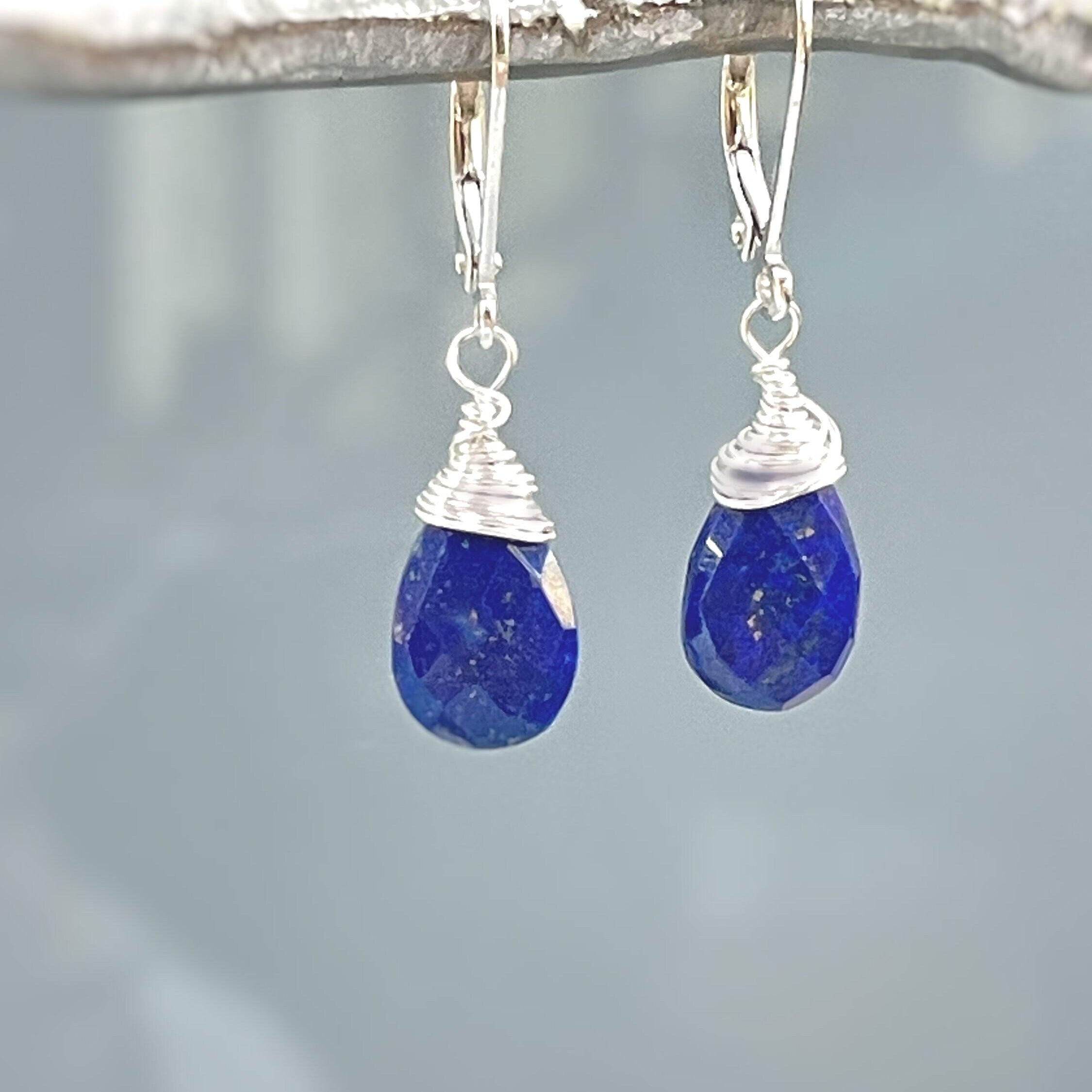 Lapis Lazuli Earrings Dangle Silver, 14k Gold Teardrop Blue Gemstone Dangly Drop Earrings Everyday Minimalist Dainty Handmade Lapis Jewelry