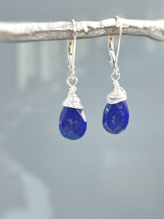 Lapis Lazuli Earrings Dangle Silver, 14k Gold Teardrop Blue Gemstone Dangly Drop Earrings Everyday Minimalist Dainty Handmade Lapis Jewelry