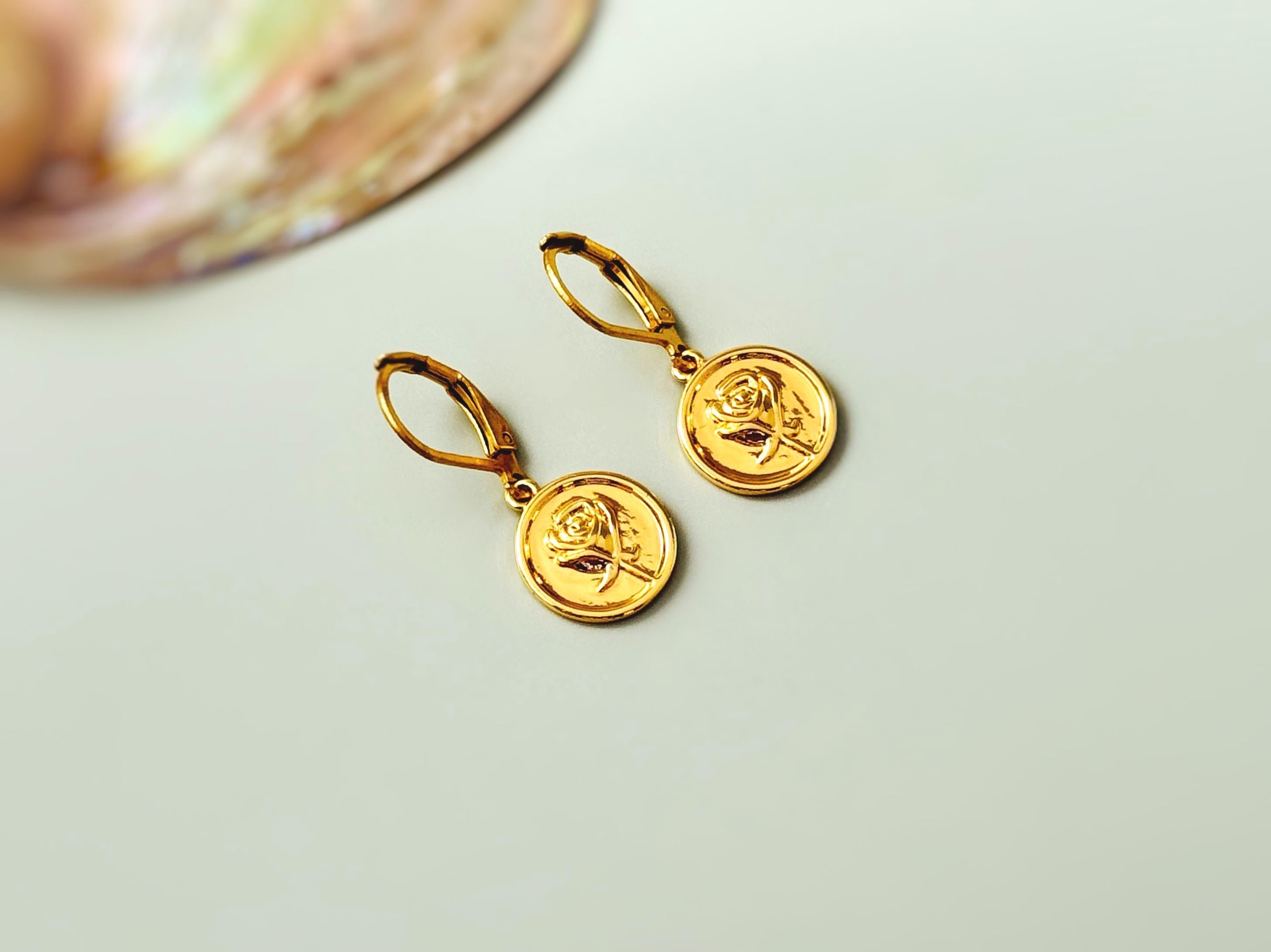 Gold Rose Earrings Dangle handmade June birthflower jewelry leverback birth flower earrings for women
