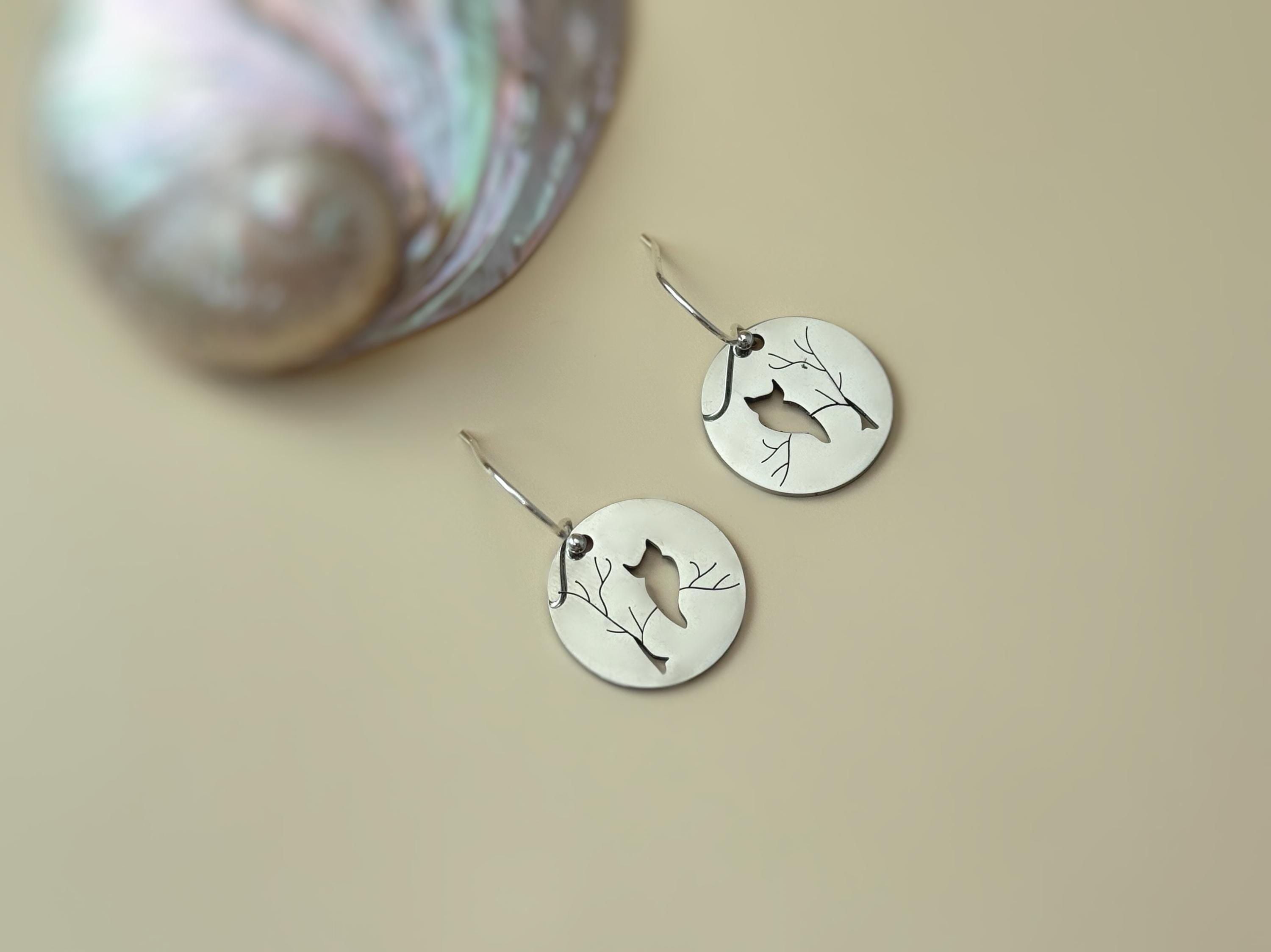 Owl Earrings dangle silver handmade witchy jewelry unique dangling spooky gothic earrings gift for nature and bird lovers, mom, sister, bff