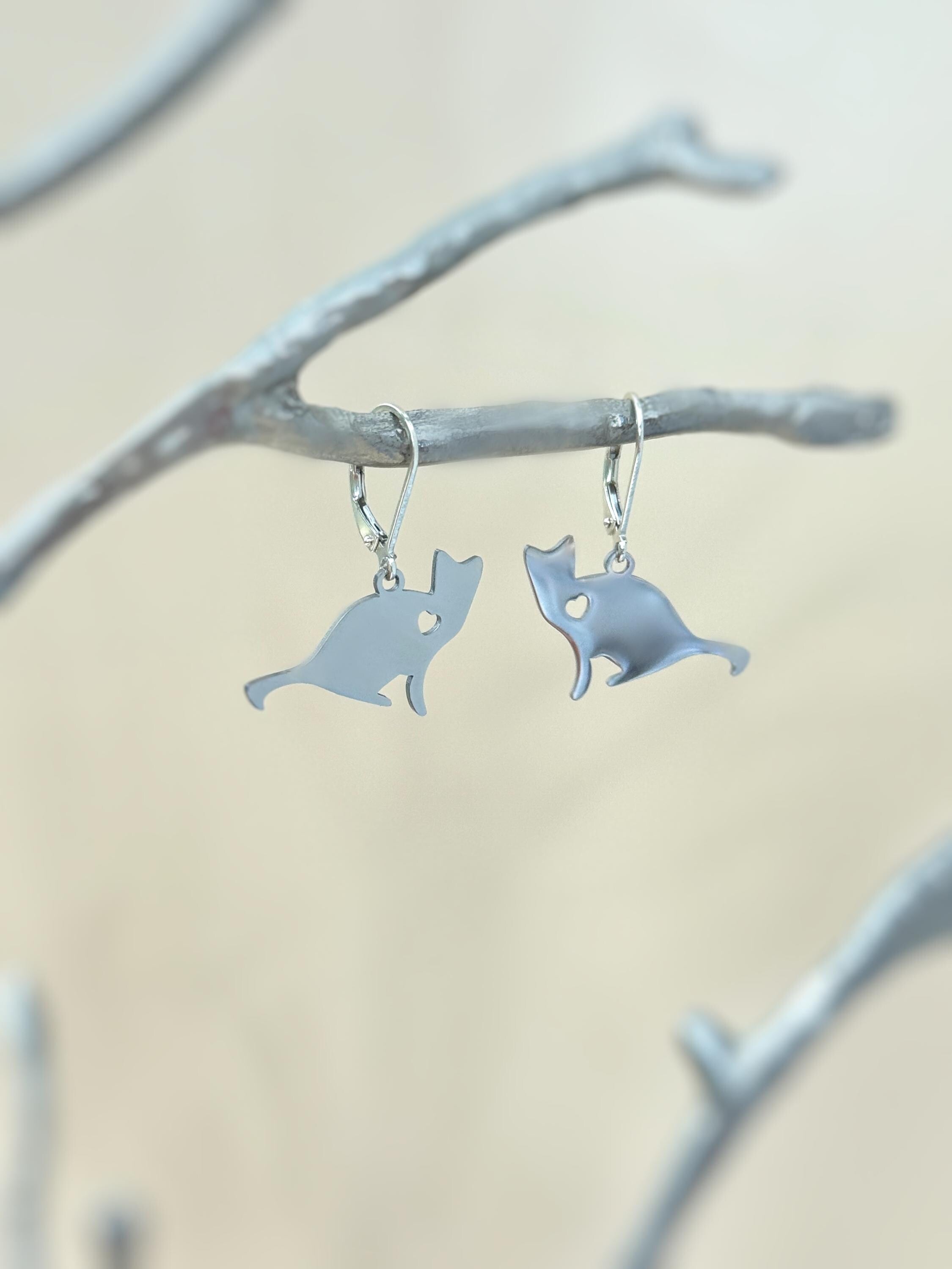 Cat Earrings dangle silver handmade animal jewelry unique whimsical fun gift for kitten kitty lovers, vets, mom, sister, bff grandma