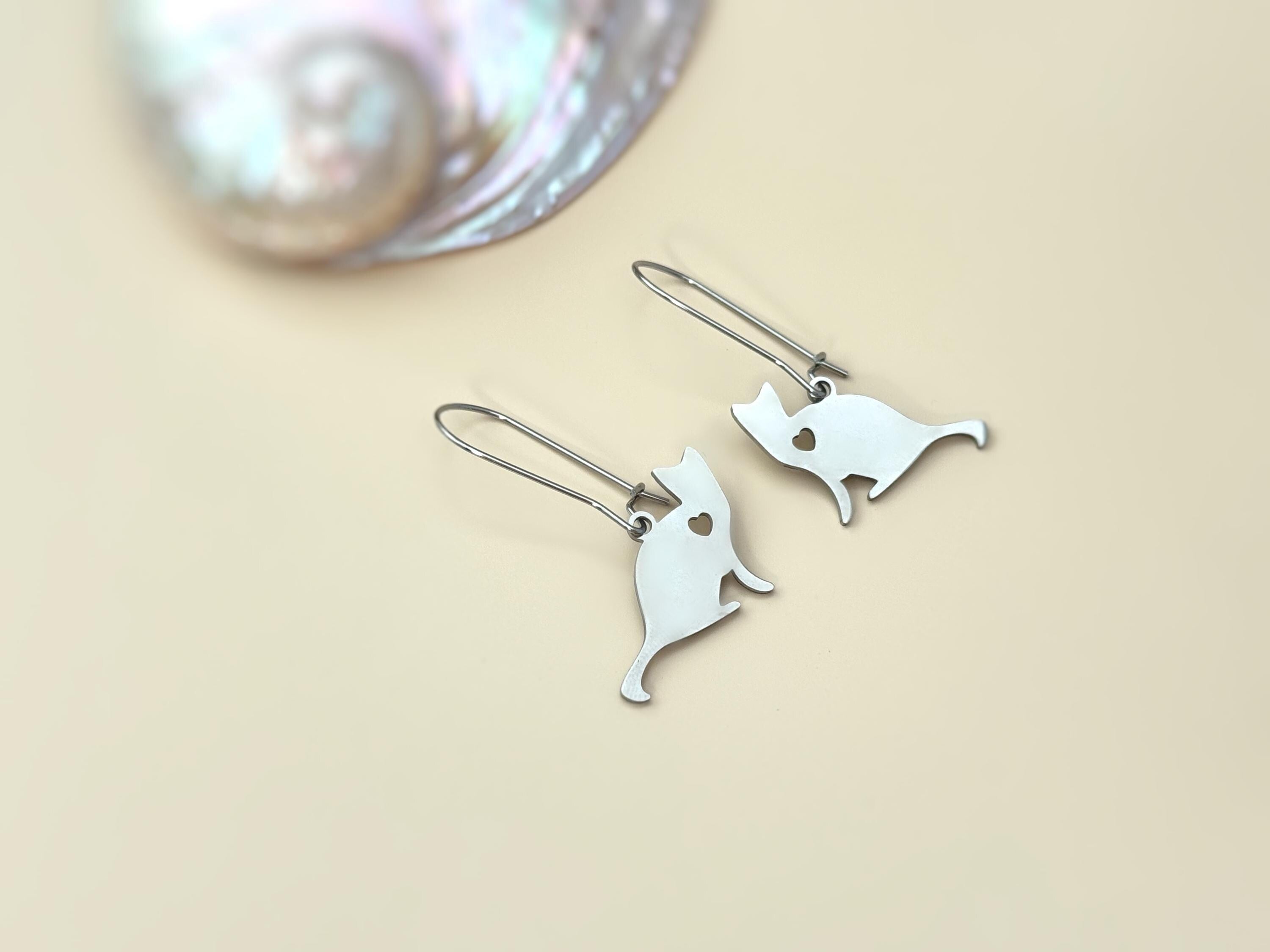 Cat Earrings dangle silver, gold handmade animal jewelry unique whimsical fun gift for kitten kitty lovers, vets, mom, sister, bff grandma