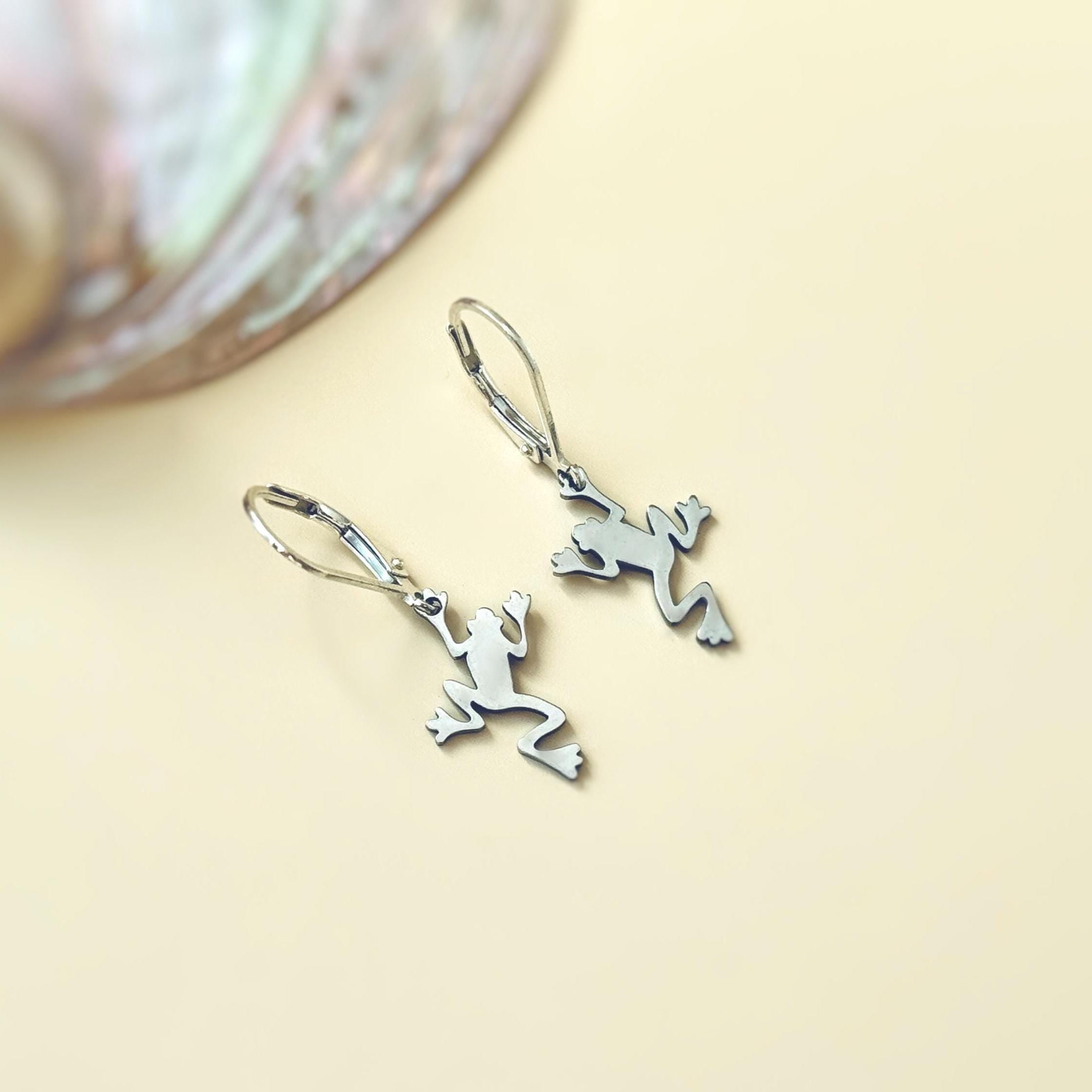 Frog Earrings dangle silver handmade animal jewelry unique whimsical fun gift for nature animal lovers, sister, bff, roommate friend