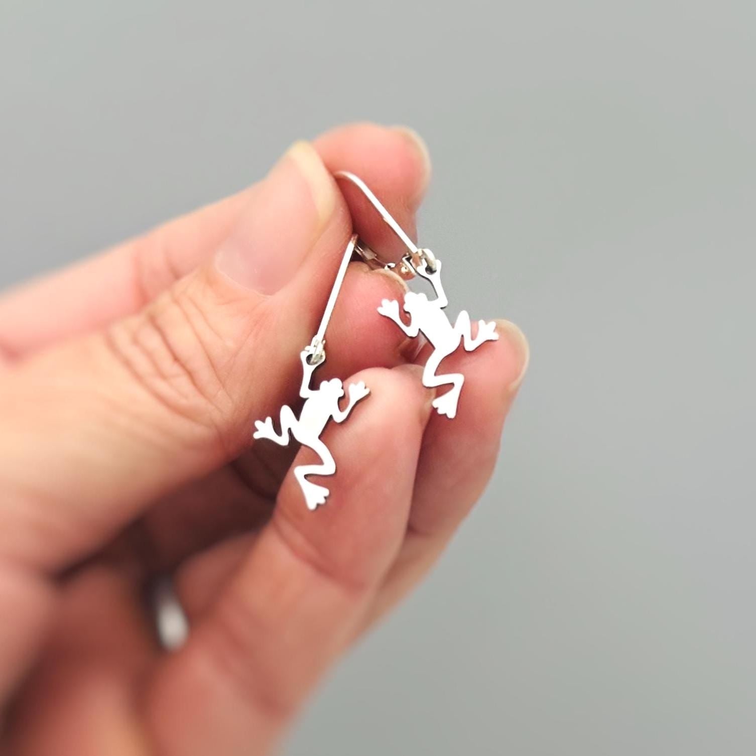 Frog Earrings dangle silver handmade animal jewelry unique whimsical fun gift for nature animal lovers, sister, bff, roommate friend