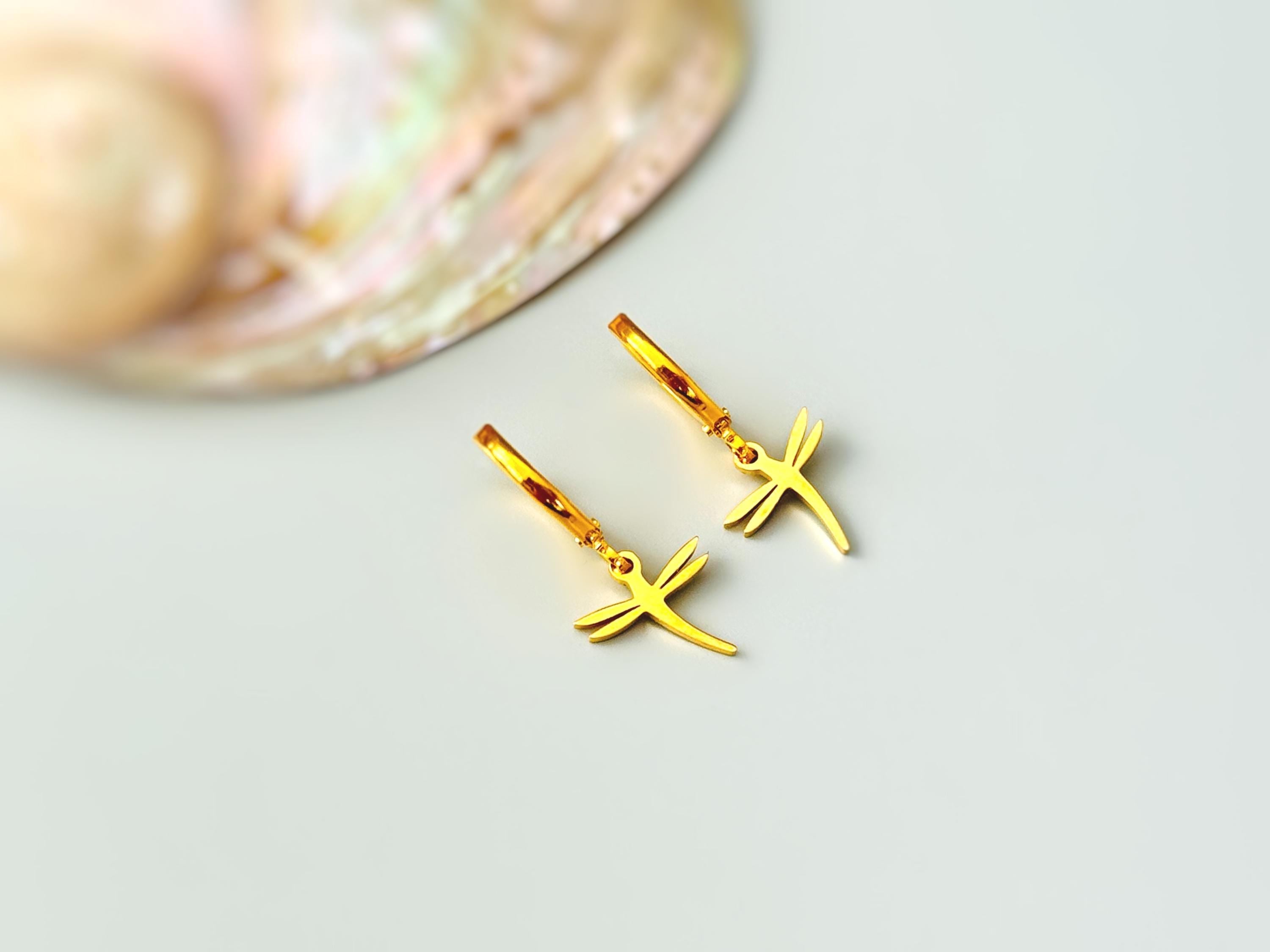 Tiny Dragonfly Earrings dangle Huggie Hoops silver, gold handmade nature jewelry unique gift for sister mom gardener wife bff everyday charm