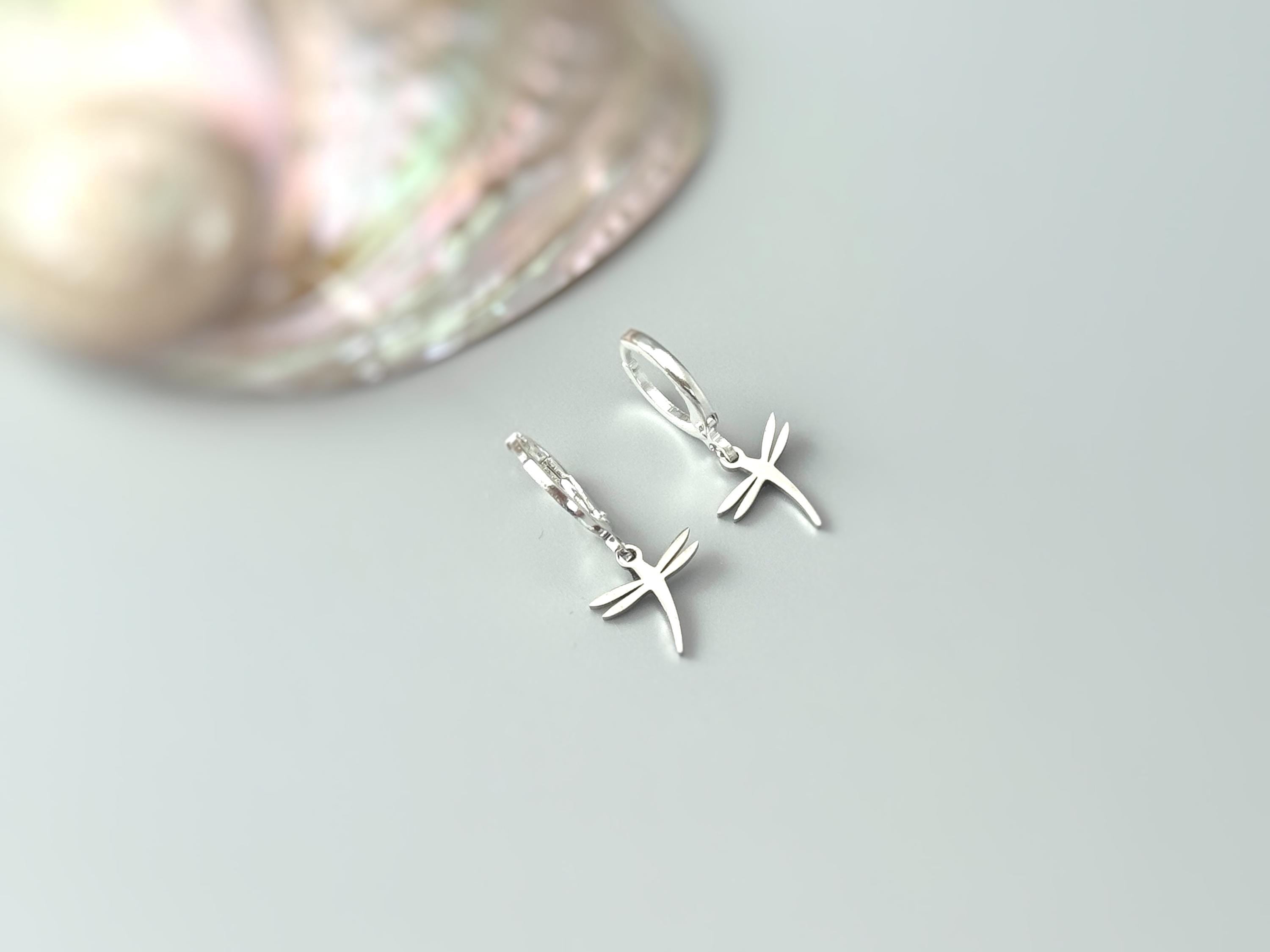 Tiny Dragonfly Earrings dangle Huggie Hoops silver, gold handmade nature jewelry unique gift for sister mom gardener wife bff everyday charm