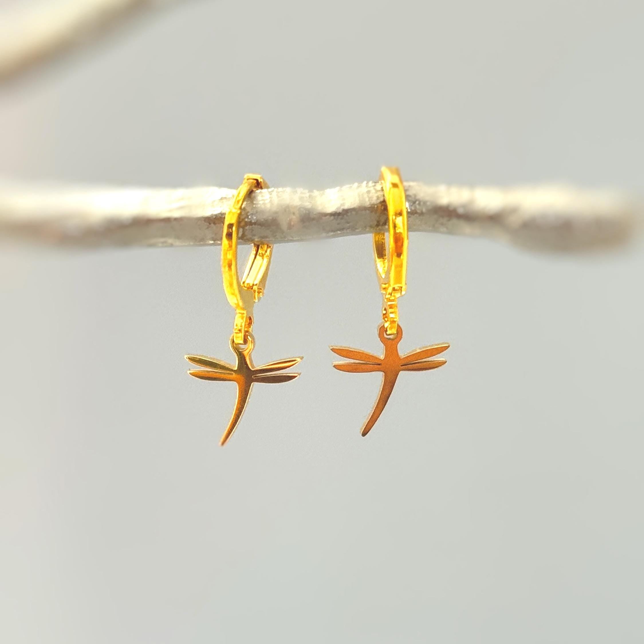 Dragonfly Earrings dangle Huggie Hoops gold, silver handmade nature jewelry unique gift for sister, mom gardener wife bff dangly everyday