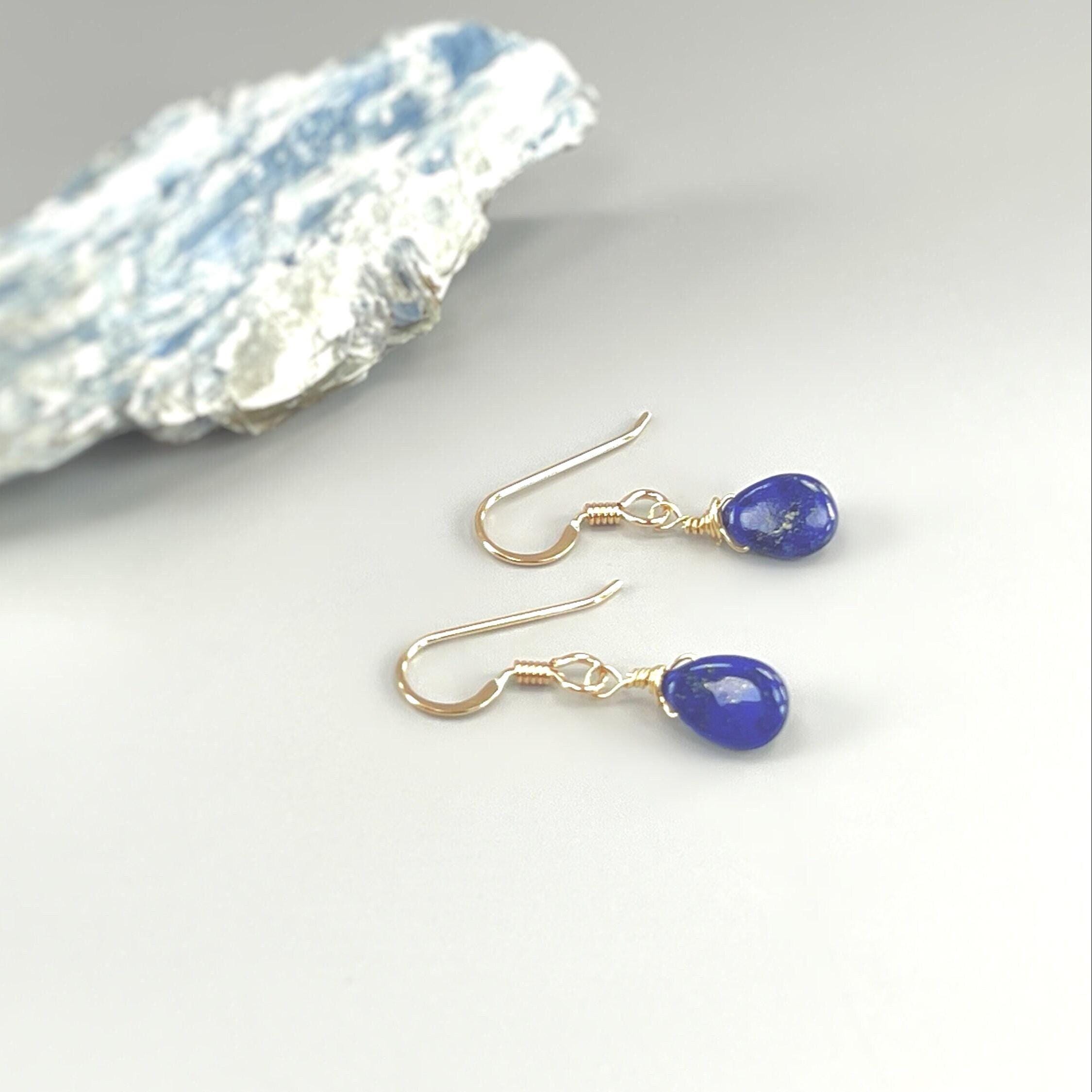 Dainty Lapis Lazuli earrings dangle 14k Gold fill, Sterling Silver Tiny tear drop dangly crystal earrings  Handmade Jewelry for women