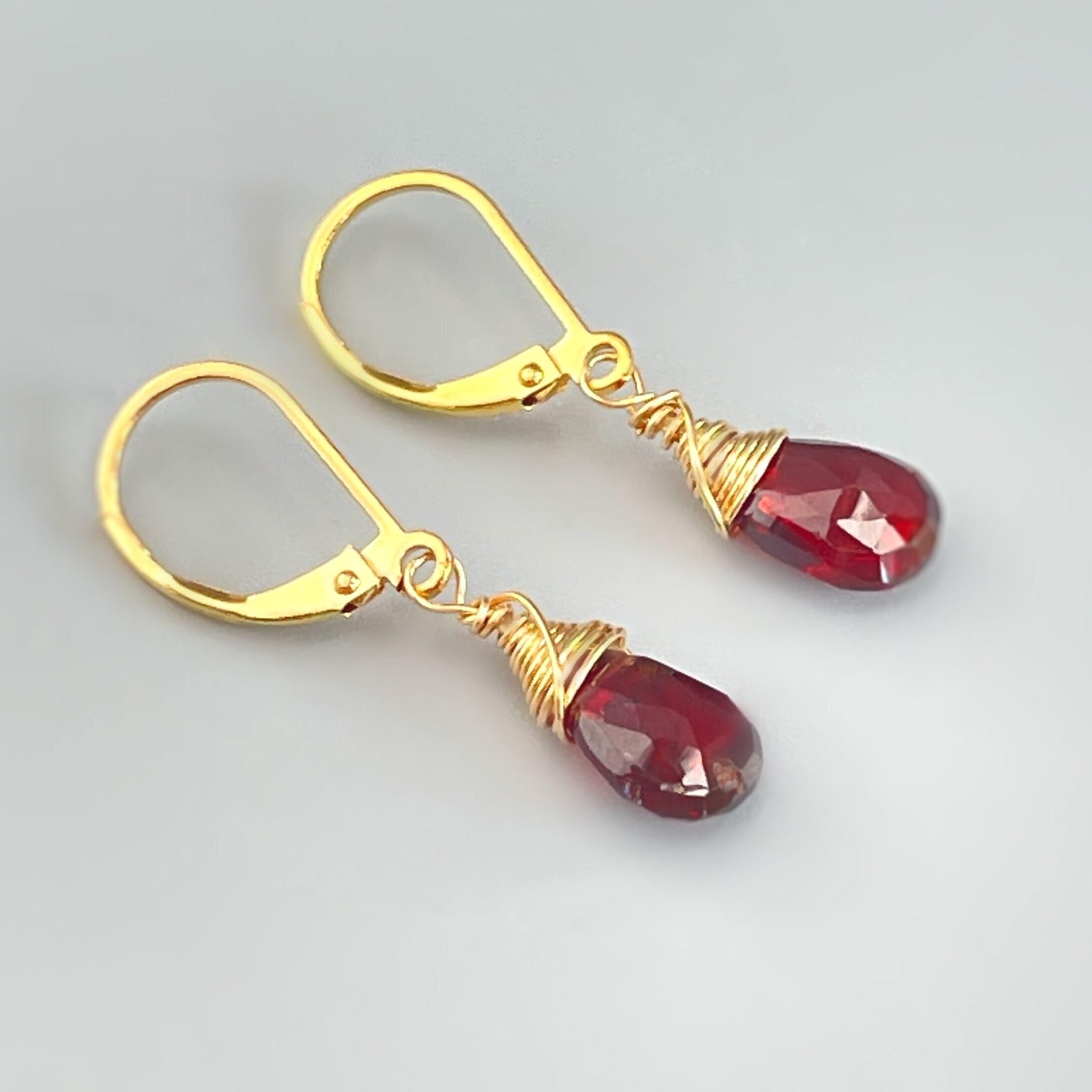 Garnet Earrings 14k Gold fill, Sterling Silver Leverback Dangle Teardrop handmade Red Gemstone Earrings  January birthstone Jewelry gift