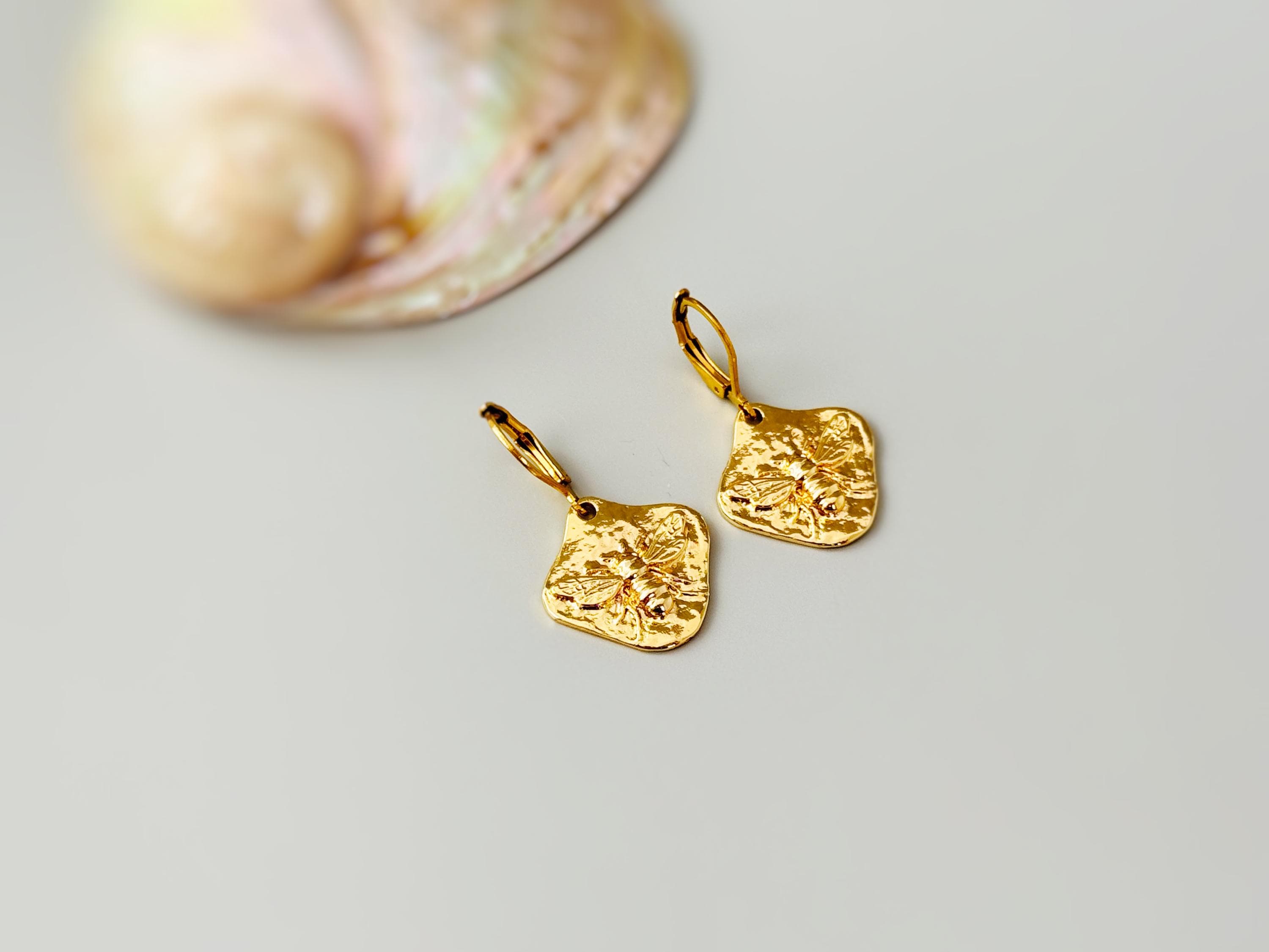 Honey Bee Earrings dangle Gold, unique handmade honeycomb boho statement bumble bee jewelry gift for gardeners nature lovers bff mom