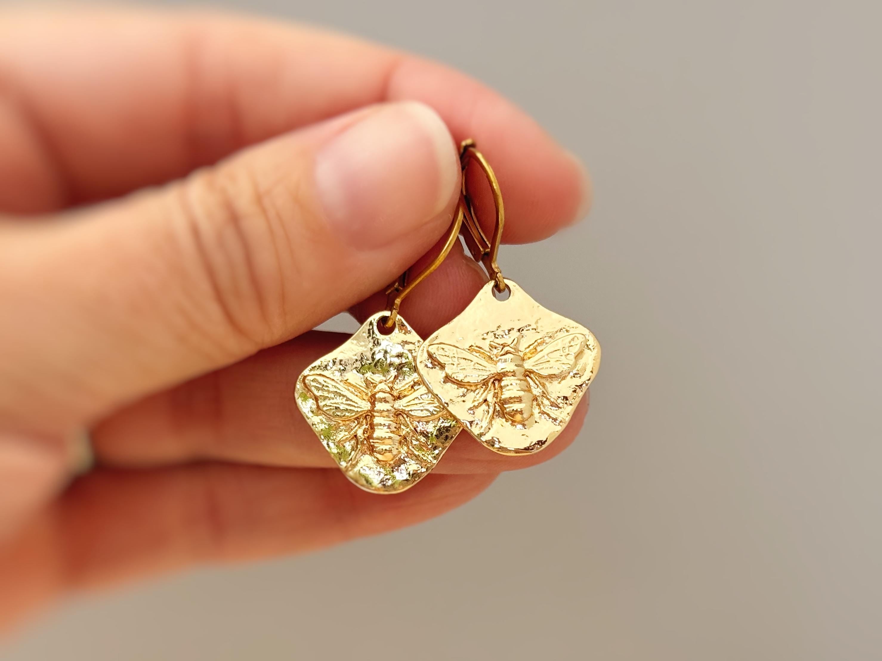 Honey Bee Earrings dangle Gold, unique handmade honeycomb boho statement bumble bee jewelry gift for gardeners nature lovers bff mom