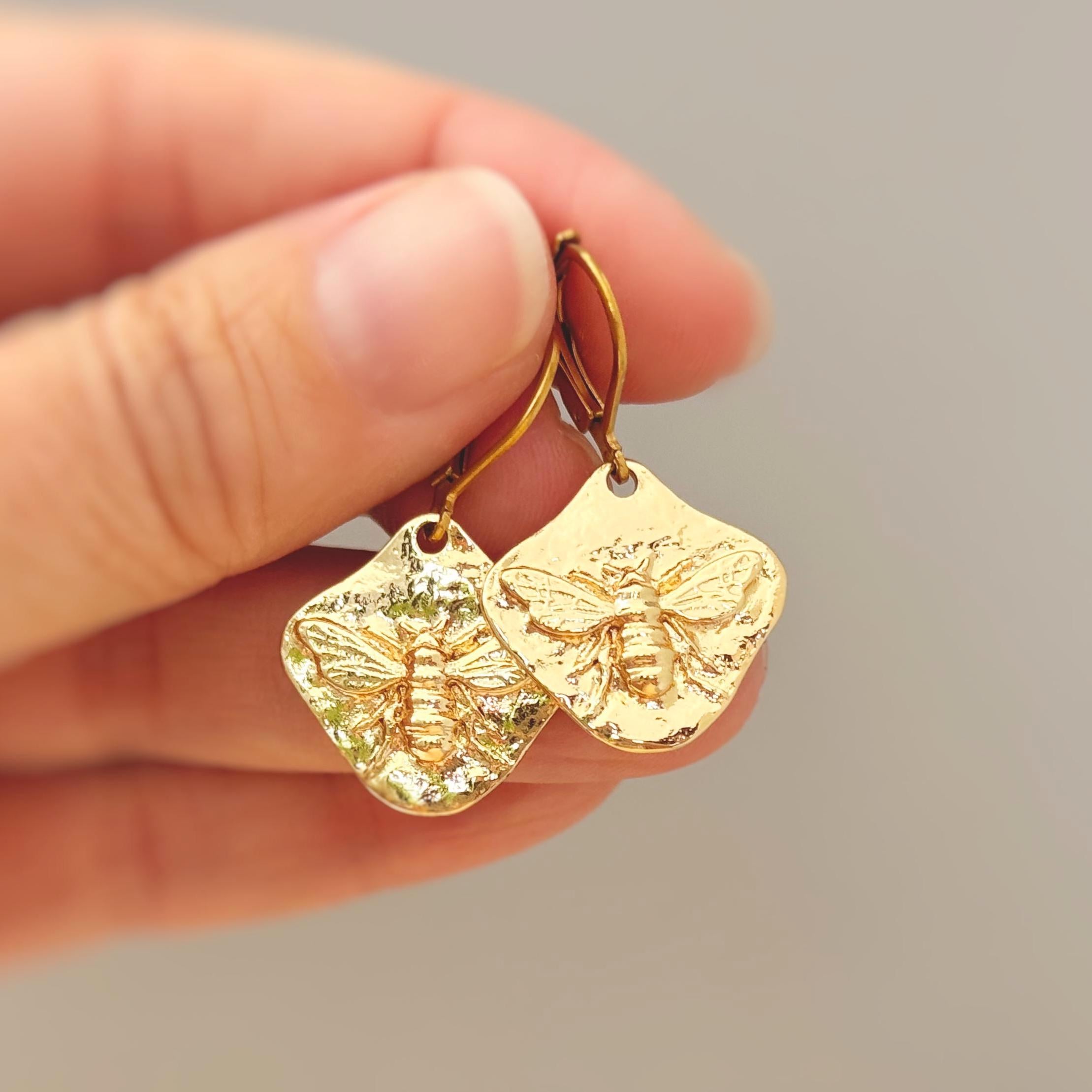 Honey Bee Earrings dangle Gold, unique handmade honeycomb boho statement bumble bee jewelry gift for gardeners nature lovers bff mom