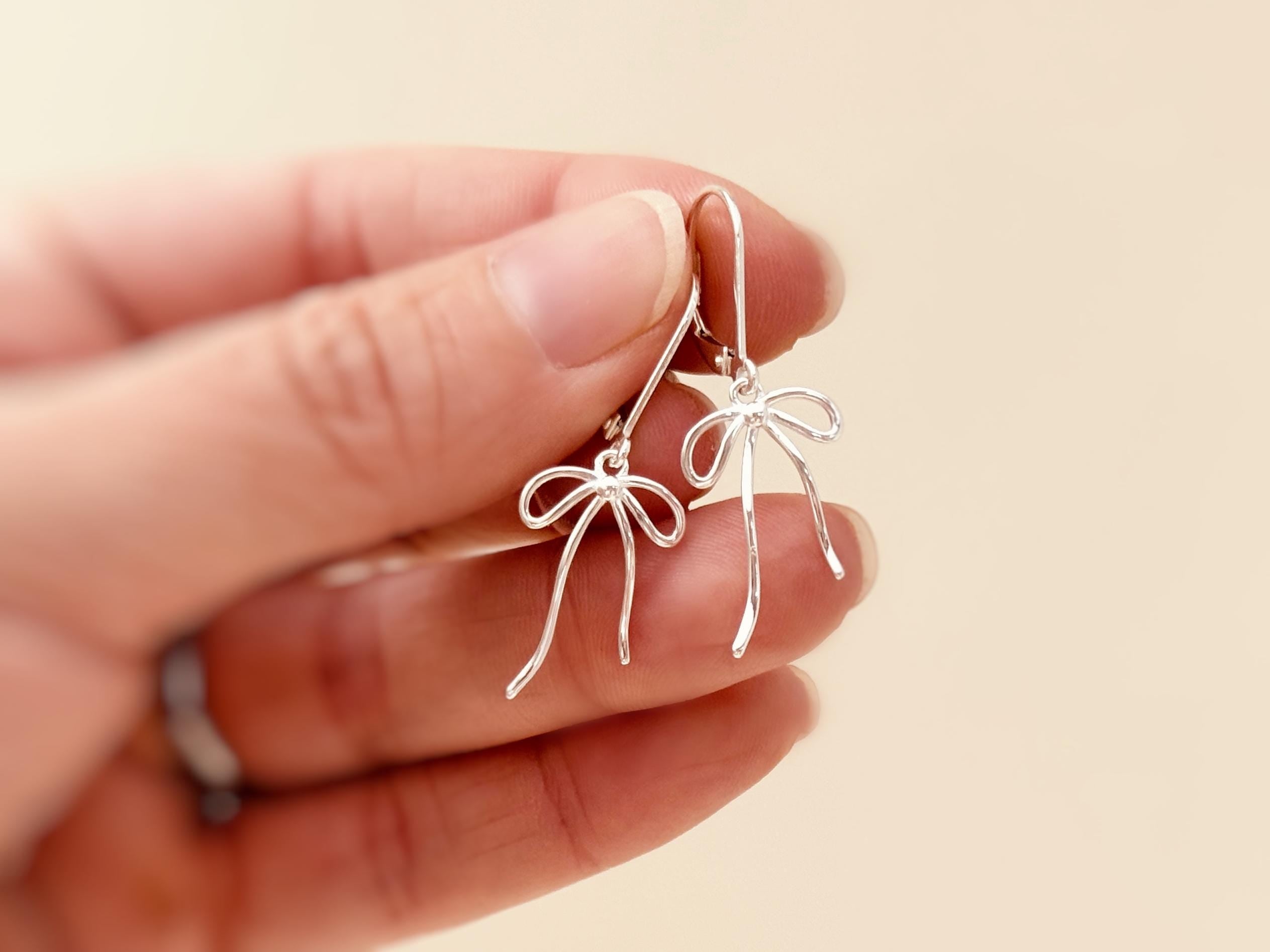 Sterling Silver Ribbon Bow Earrings dangle romantic gift for girlfriend wife handmade jewelry for women long leverback bowknot charms