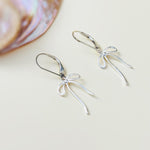Sterling Silver Ribbon Bow Earrings dangle romantic gift for girlfriend wife handmade jewelry for women long leverback bowknot charms