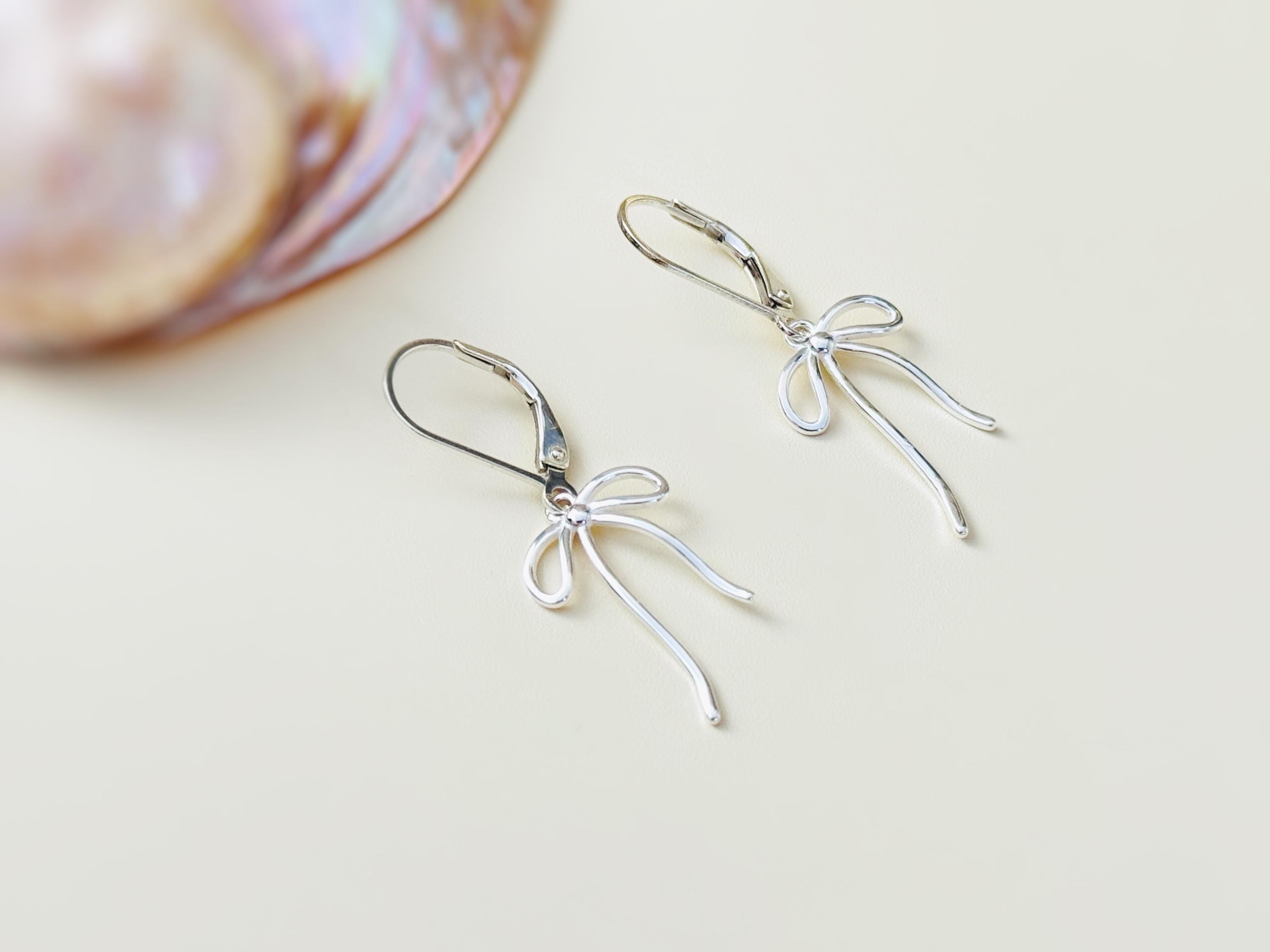 Sterling Silver Ribbon Bow Earrings dangle romantic gift for girlfriend wife handmade jewelry for women long leverback bowknot charms