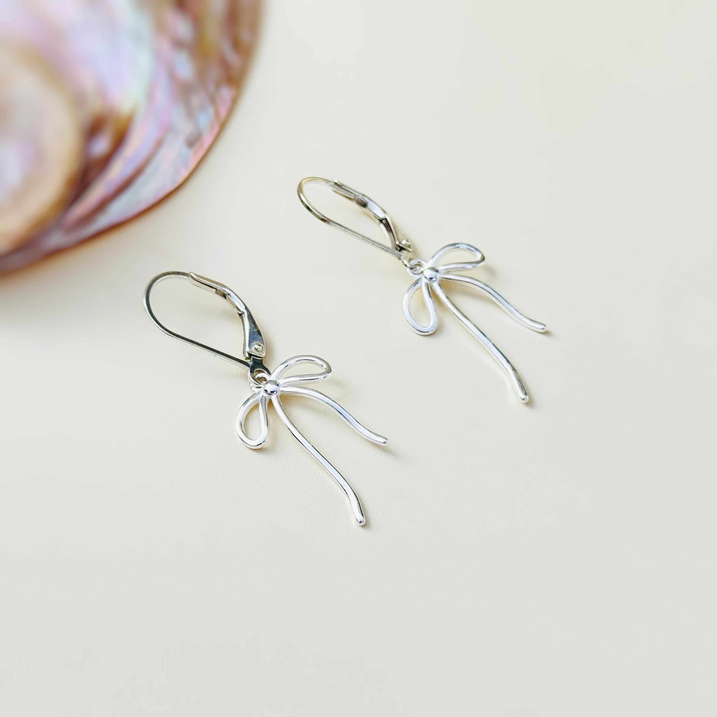 Sterling Silver Ribbon Bow Earrings dangle romantic gift for girlfriend wife handmade jewelry for women long leverback bowknot charms