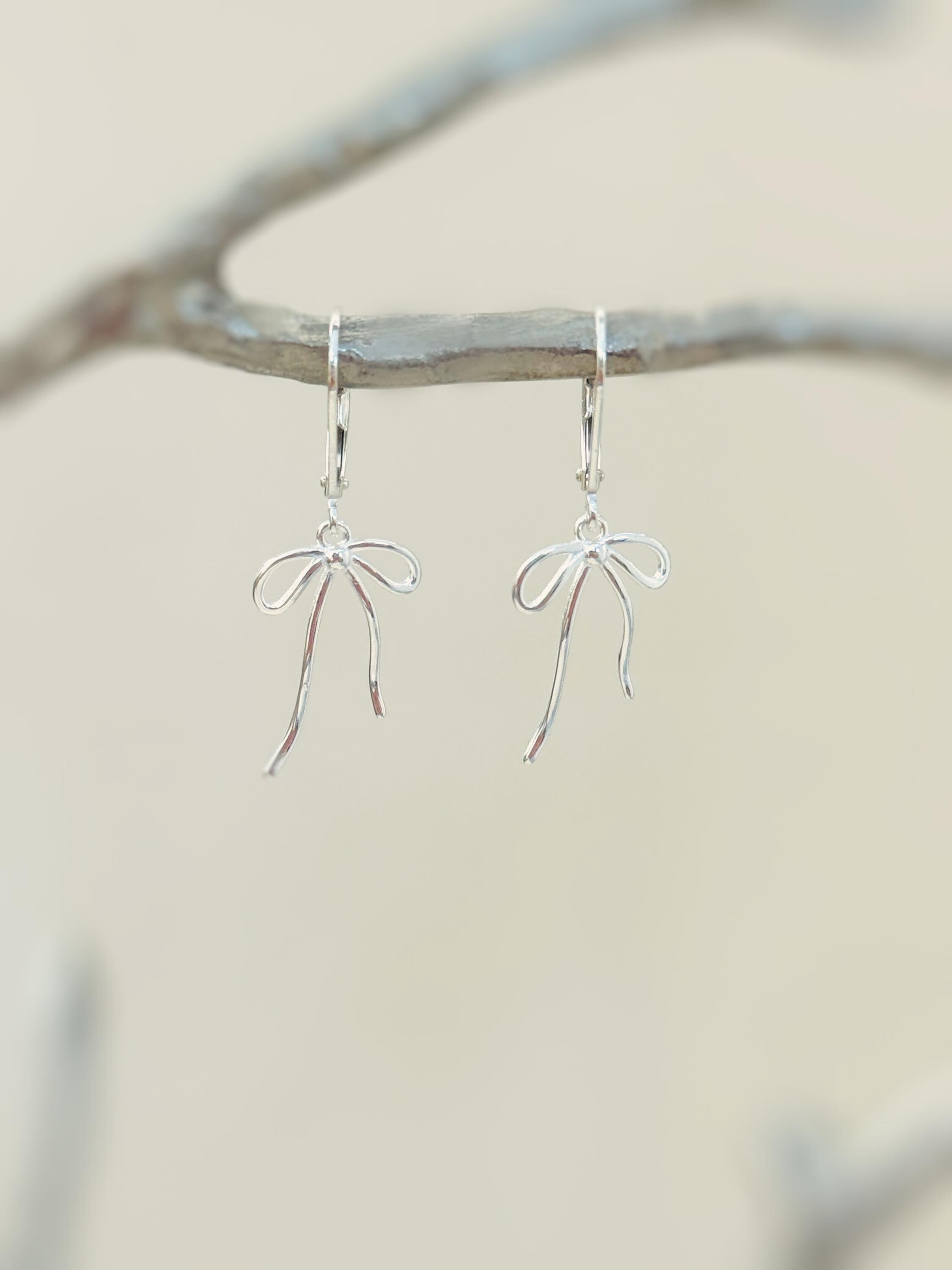 Sterling Silver Ribbon Bow Earrings dangle romantic gift for girlfriend wife handmade jewelry for women long leverback bowknot charms