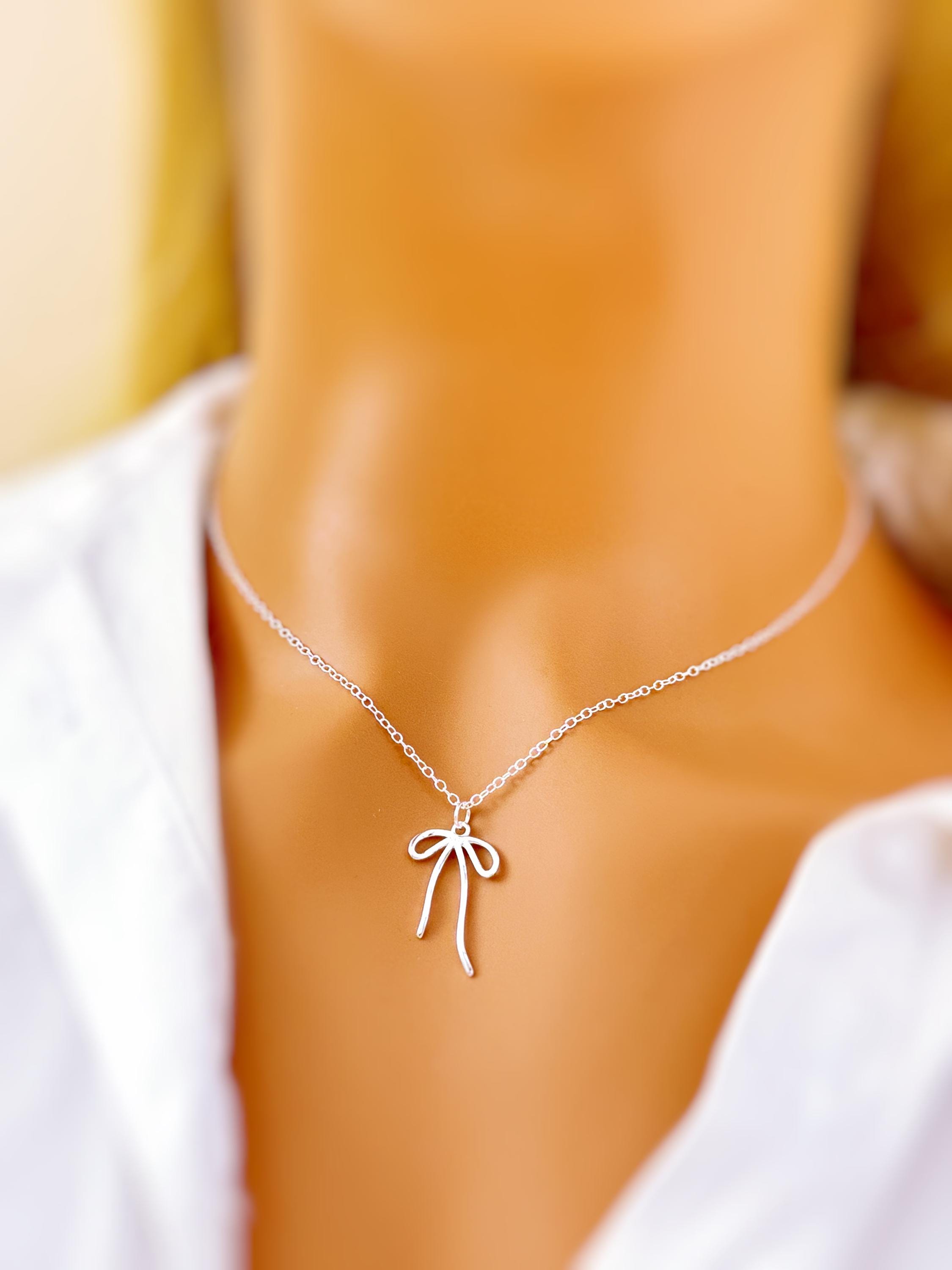 Sterling Silver Ribbon Bow Necklace pendant romantic gift for girlfriend wife handmade jewelry for women coquette bowknot charm