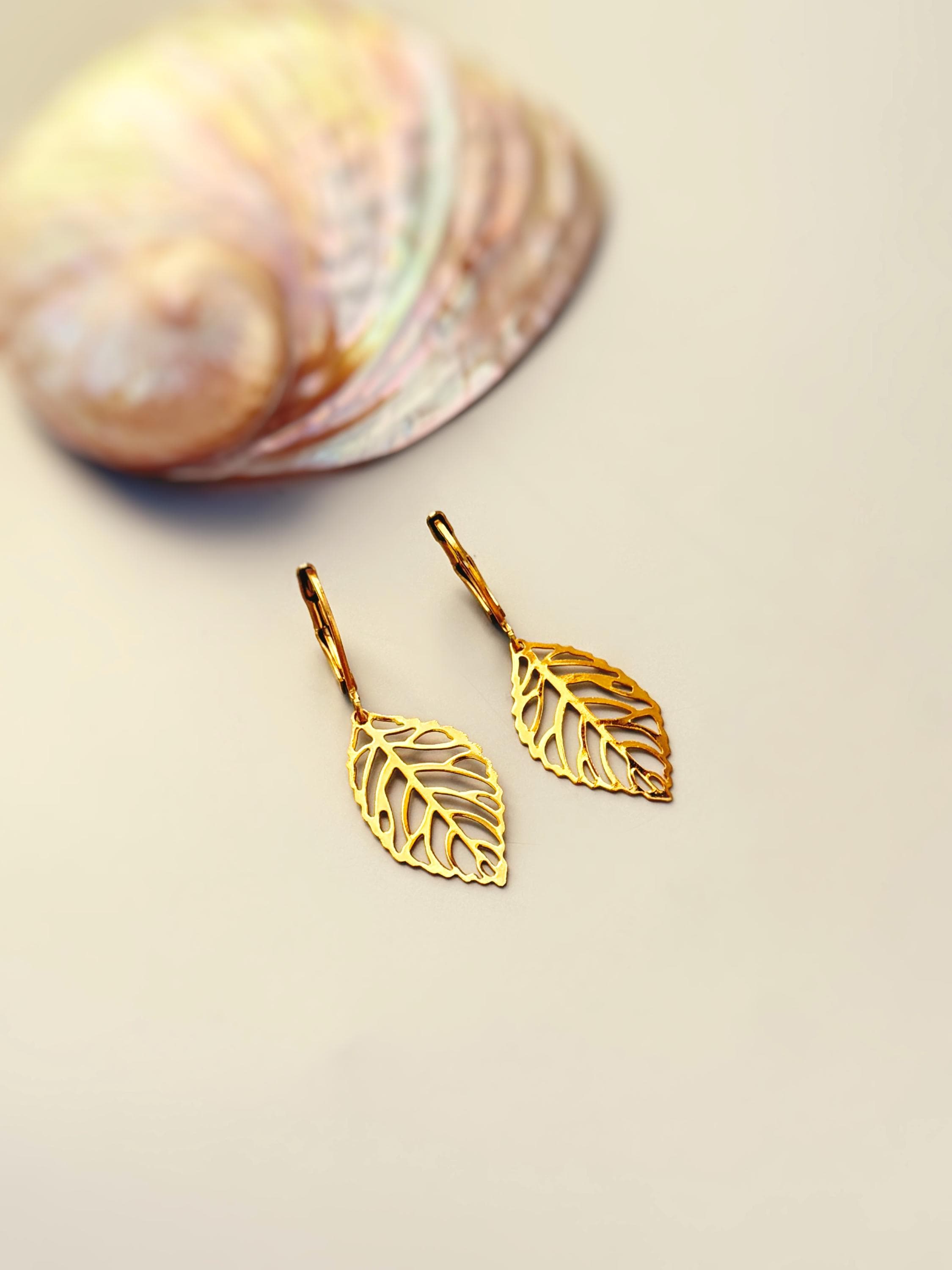 Gold Leaf Earrings dangle handmade statement chandelier long lightweight plant nature Jewelry unique gift for gardener mom wife sister bff