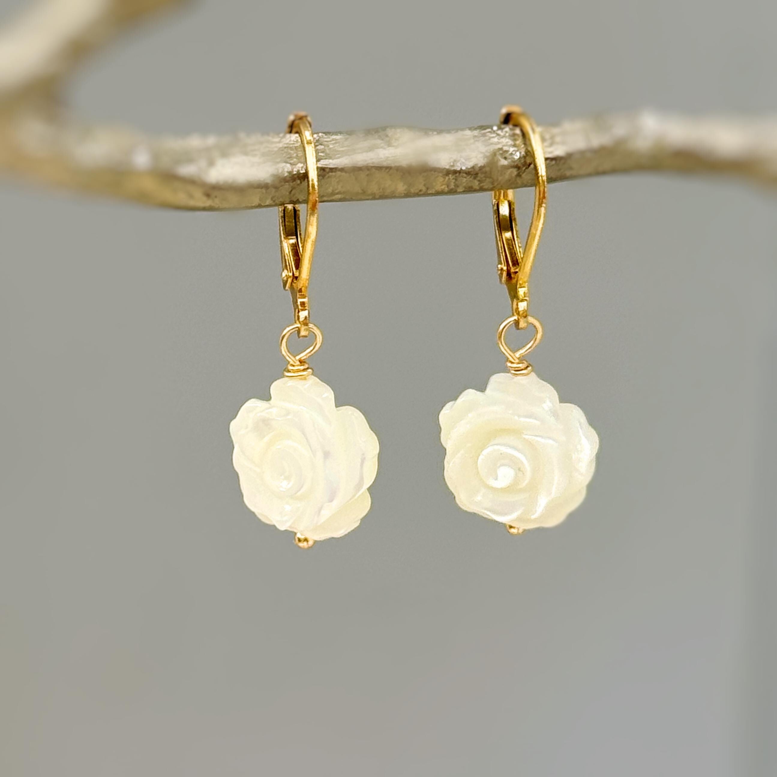 Mother of Pearl Rose Earrings 14k Gold Dangle handmade birthflower jewelry leverback June Birthday birth flower gift for grandma mom wife