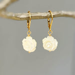 Mother of Pearl Rose Earrings 14k Gold Dangle handmade birthflower jewelry leverback June Birthday birth flower gift for grandma mom wife