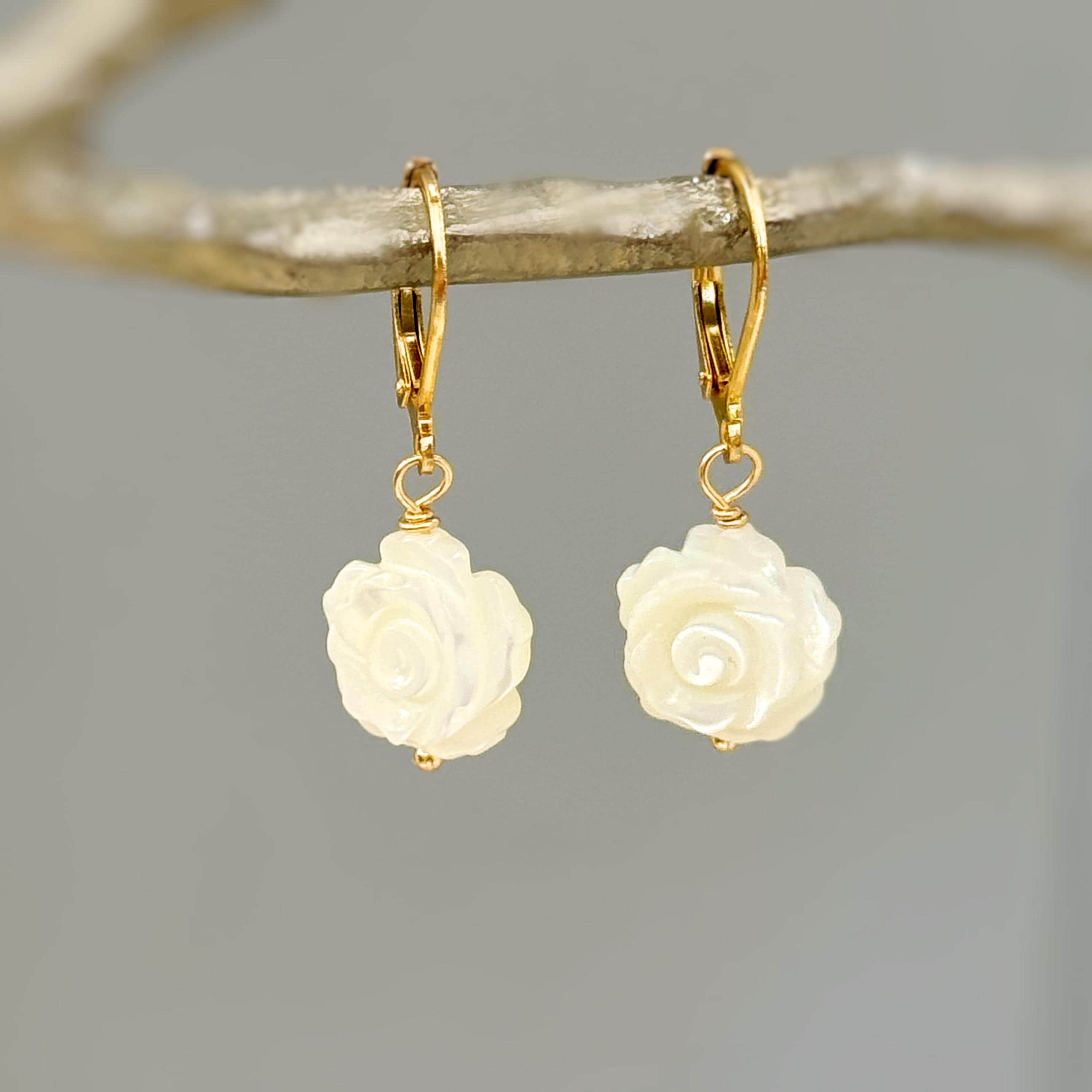 Mother of Pearl Rose Earrings 14k Gold Dangle handmade birthflower jewelry leverback June Birthday birth flower gift for grandma mom wife